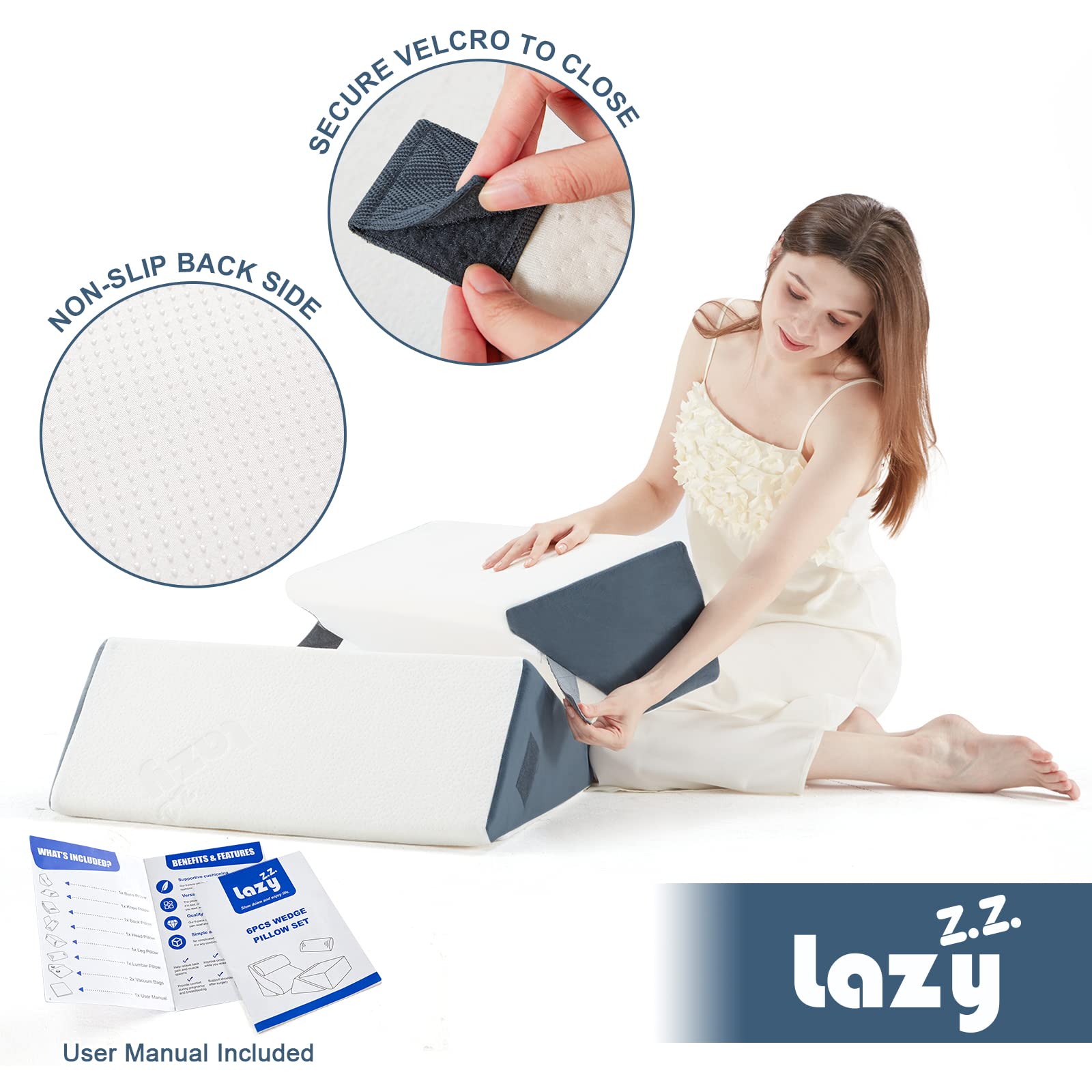 6-Piece Orthopedic Bed Wedge Pillow Set - Memory Foam Support for Back, Knee & Lumbar Pain Relief - Adjustable Anti-Snoring & Acid Reflux Pillow for GERD - Grey (Perfect for Sleeping, Post-Surgery Recovery & Reading in Bed)