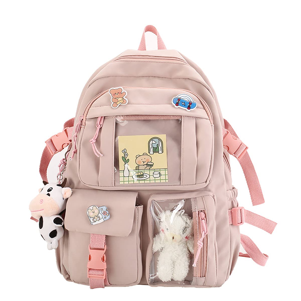 Cute Aesthetic Backpack for Women - Lightweight Travel Backpack with Kawaii Badge Pins & Keychain Pendant - Perfect for School, Work, Travel and Daily Use
