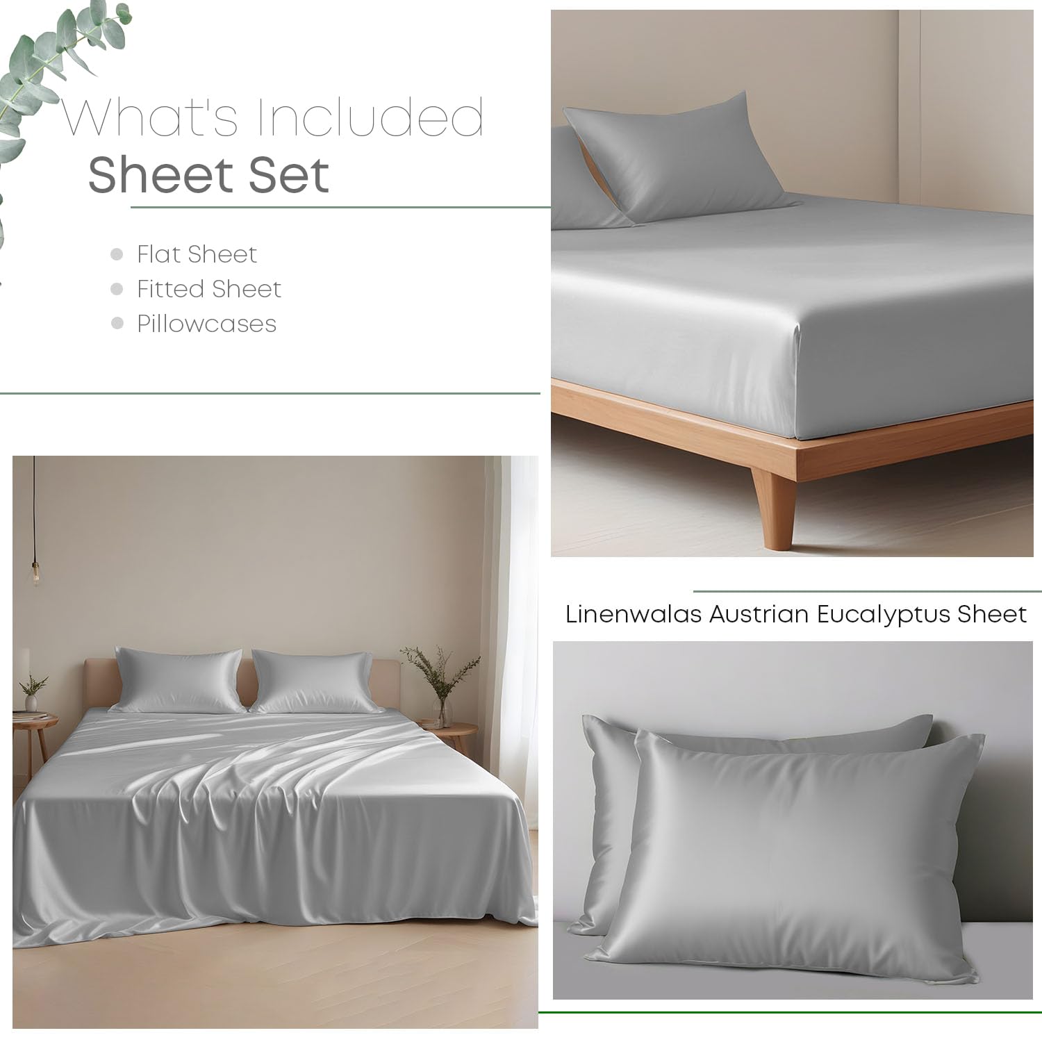 Premium Eucalyptus Tencel Bed Sheet Set Queen Size 4Pc - Silver Cooling Bedding with 16