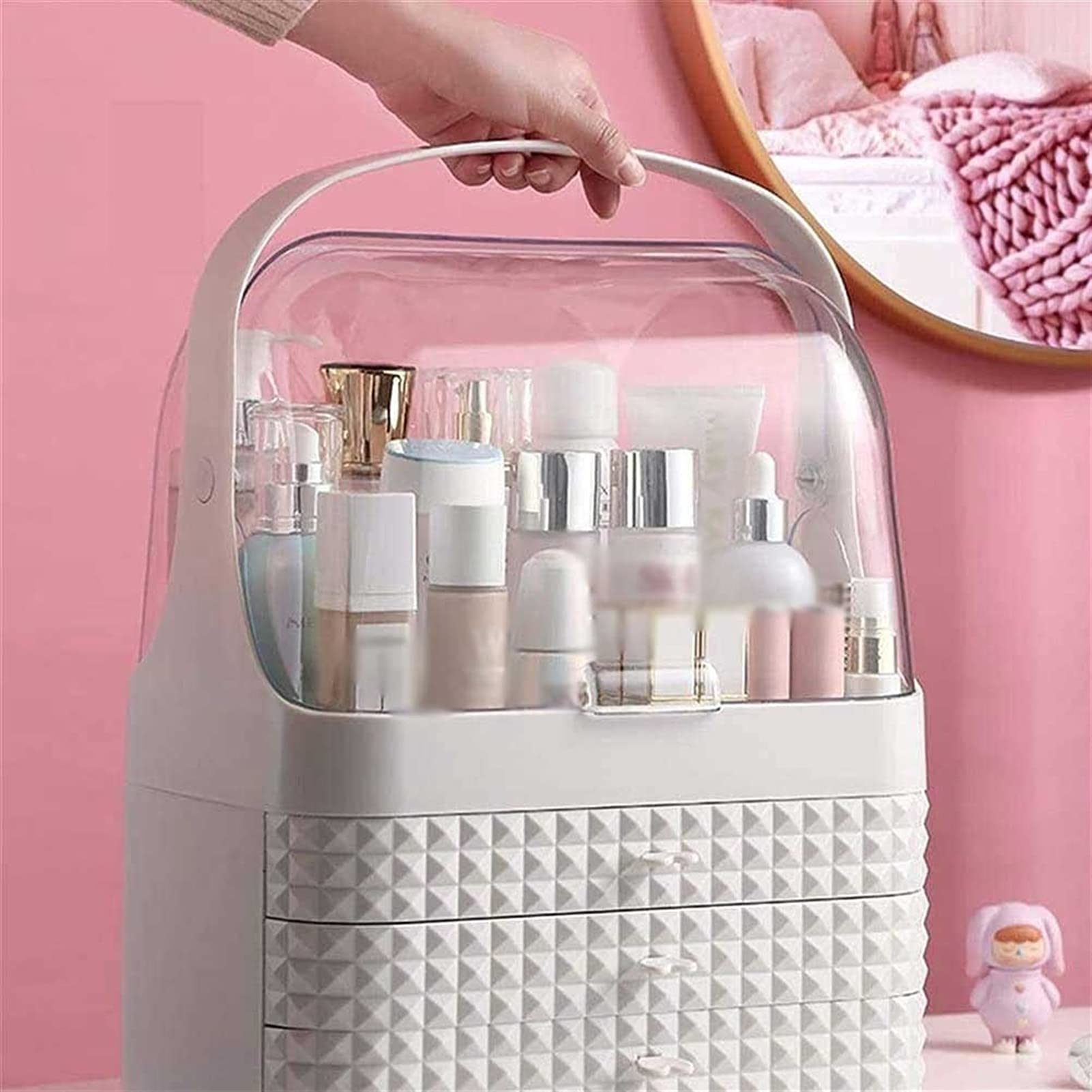 Portable Makeup Organizer with Dust-Free Cover & Waterproof Lid - High Capacity Cosmetic Storage Box with Handle, Dust-Proof Drawers - Perfect for Bathroom Countertop, Bedroom Dresser & Travel Use