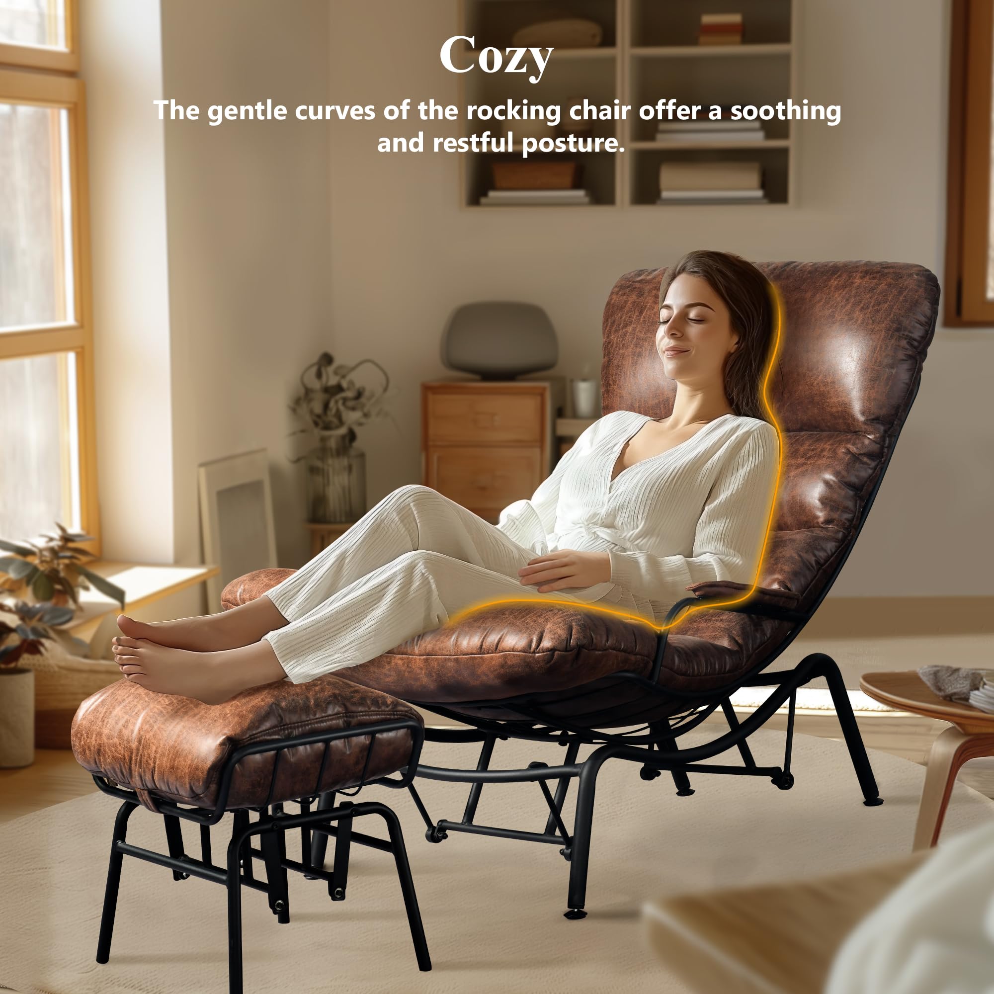 Lazy Lounge Chaise Chair with Ottoman - Comfortable Faux Leather Rocking Recliner for Adults with Arm Cushions, Perfect Reading Chair for Bedroom & Living Room - Dark Brown - Ideal for Relaxing, Reading Books or Watching TV
