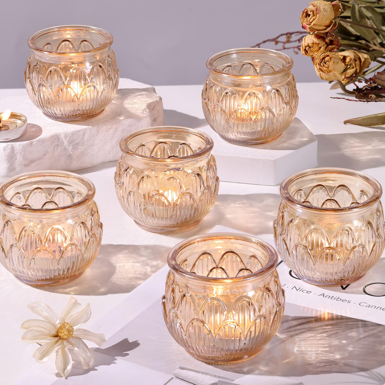 12PCS Gold Glass Tealight Holders - Diwali, Wedding & Christmas Decor for Home & Table Centerpiece