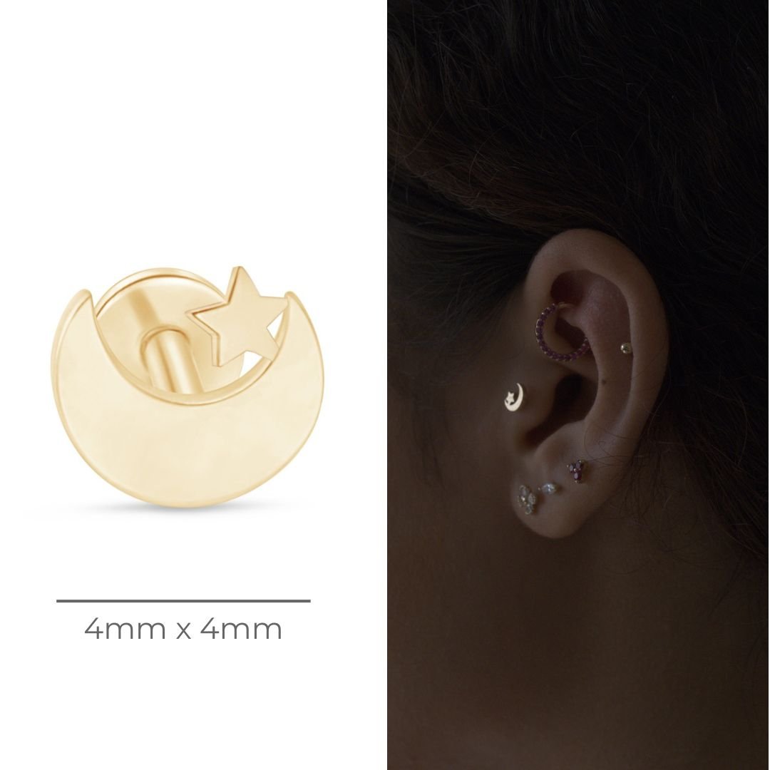 14K Yellow Gold Crescent Moon and Star Stud Earrings - Hypoallergenic, Dainty Flat Back Earrings for Women - Perfect for Everyday Wear, Gifts, and Special Occasions