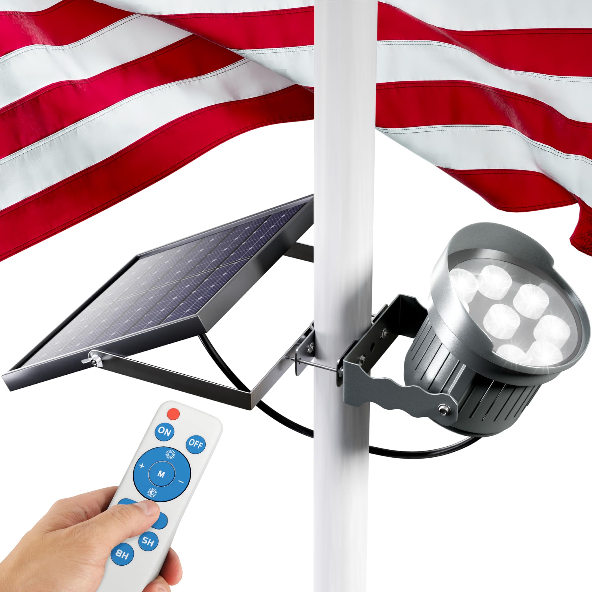 Deneve Solar Flagpole Light - IP65 Waterproof Solar Powered Flag Pole Light with Remote Control - Adjustable Brightness Dusk to Dawn - Perfect for Flag Pole, Garden, Patio, Yard & Outdoor Decor - Solar Spotlight for Flags, Landscaping & Nighttime Illumination
