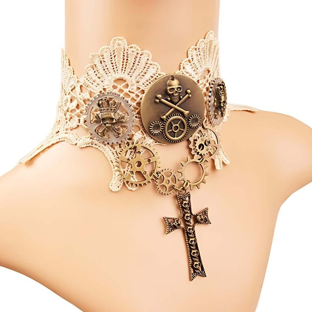 Victorian Gothic Pirate Lace Choker Necklace with Cross Detail - Perfect for Halloween, Cosplay, and Gothic Fashion Accessories