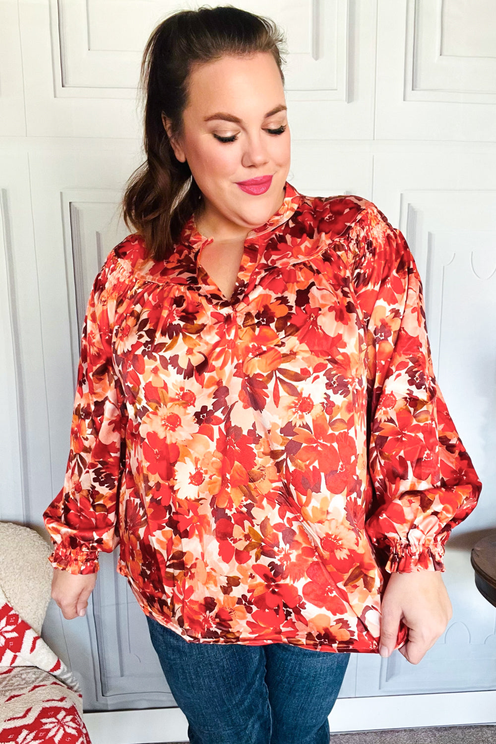 Fall Vibes Rust Floral Print Notched Neck Smocked Satin Blouse - Elegant Women's Tops for Autumn Outfits, Date Nights & Office Wear