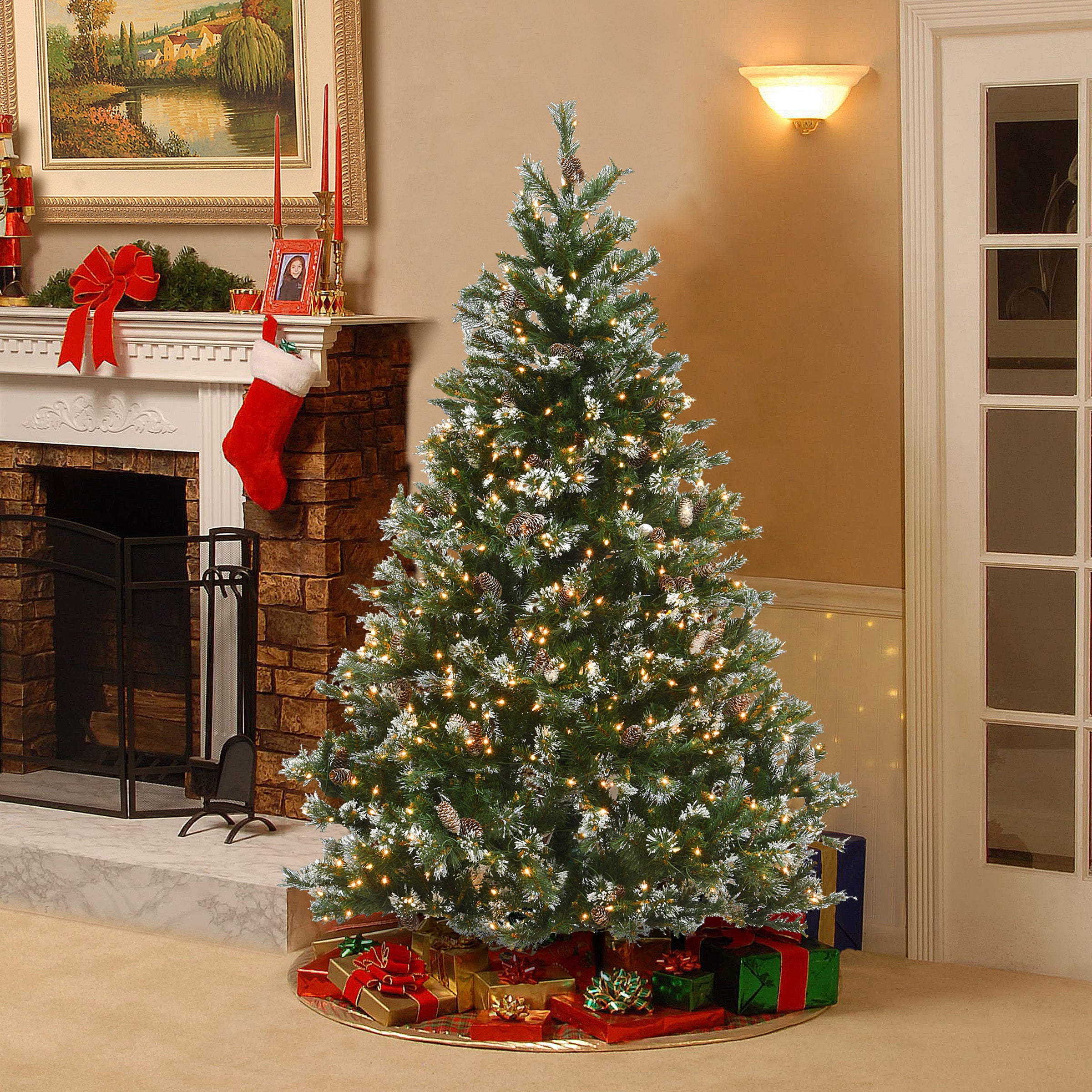 6.5 ft Pre-Lit Glittery Pine Christmas Tree with 300 Clear LED Lights - Perfect for Holiday Home Decor, Office, and Party Decoration