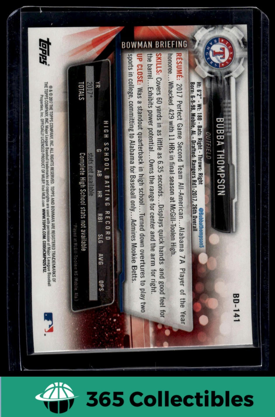 2017 Bowman Draft Bubba Thompson #BD 141 Baseball Card - Texas Rangers Rookie - Collectible Sports Memorabilia for Fans and Investors