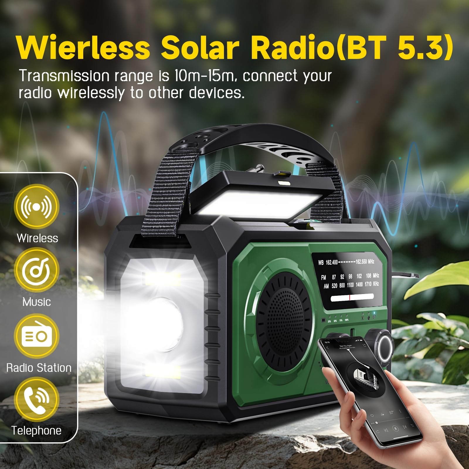 59200mWh Solar Emergency Radio - 16000mAh Portable NOAA Weather Radio with Hand Crank, USB Charger, SOS Alarm, Flashlight & Reading Lamp | Power Outage, Camping, Hiking, Hurricane Survival Kit & Outdoor Emergency Preparedness