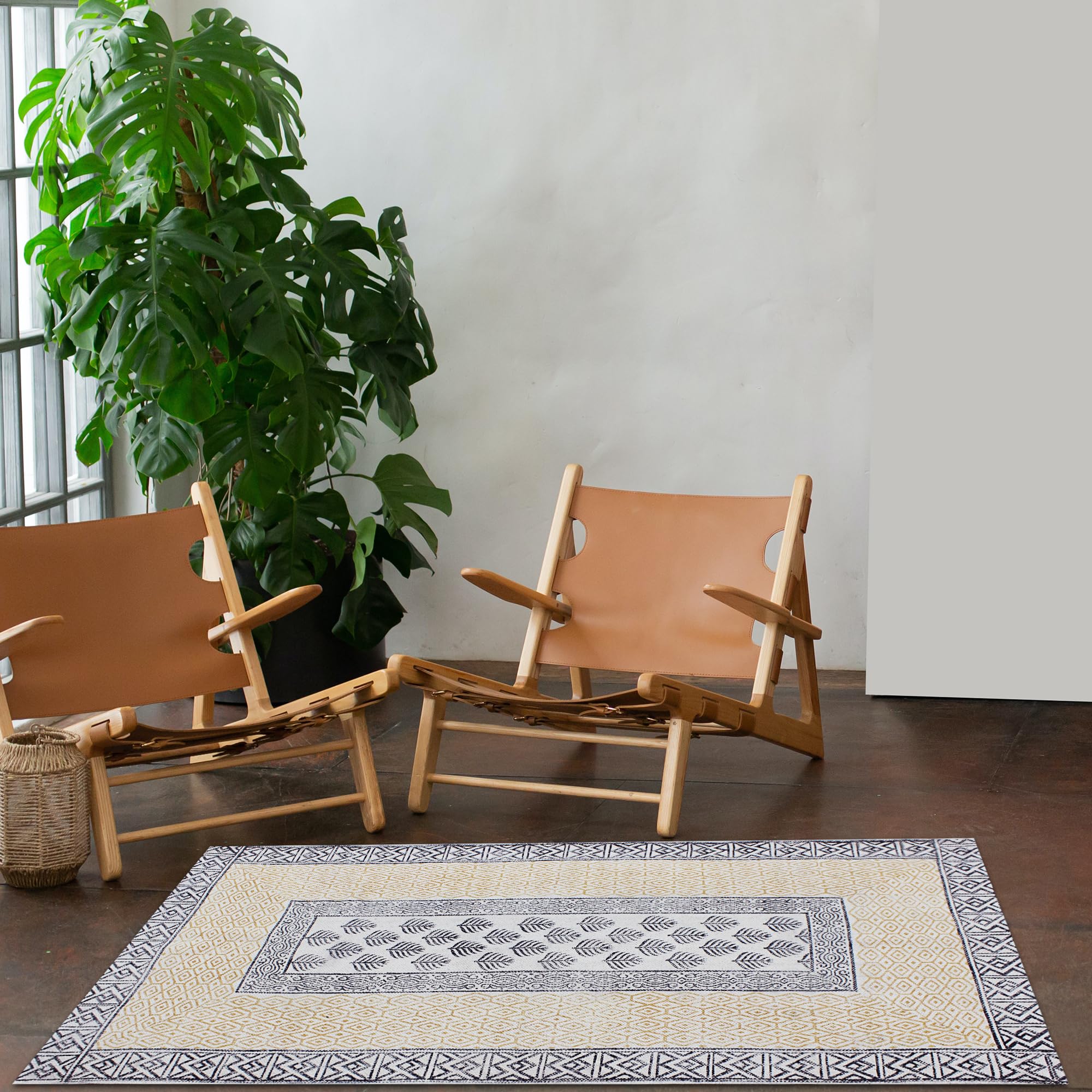 Bohemian Area Rug - Handmade Yellow & Black Cotton Rug with Tassels | Hand Block Printed Floral Design | Easy Washable 8x8 Feet Square (240x240 cm) for Living Room, Bedroom, Laundry Room & Entryway | Perfect for Boho Home Decor & Cozy Spaces