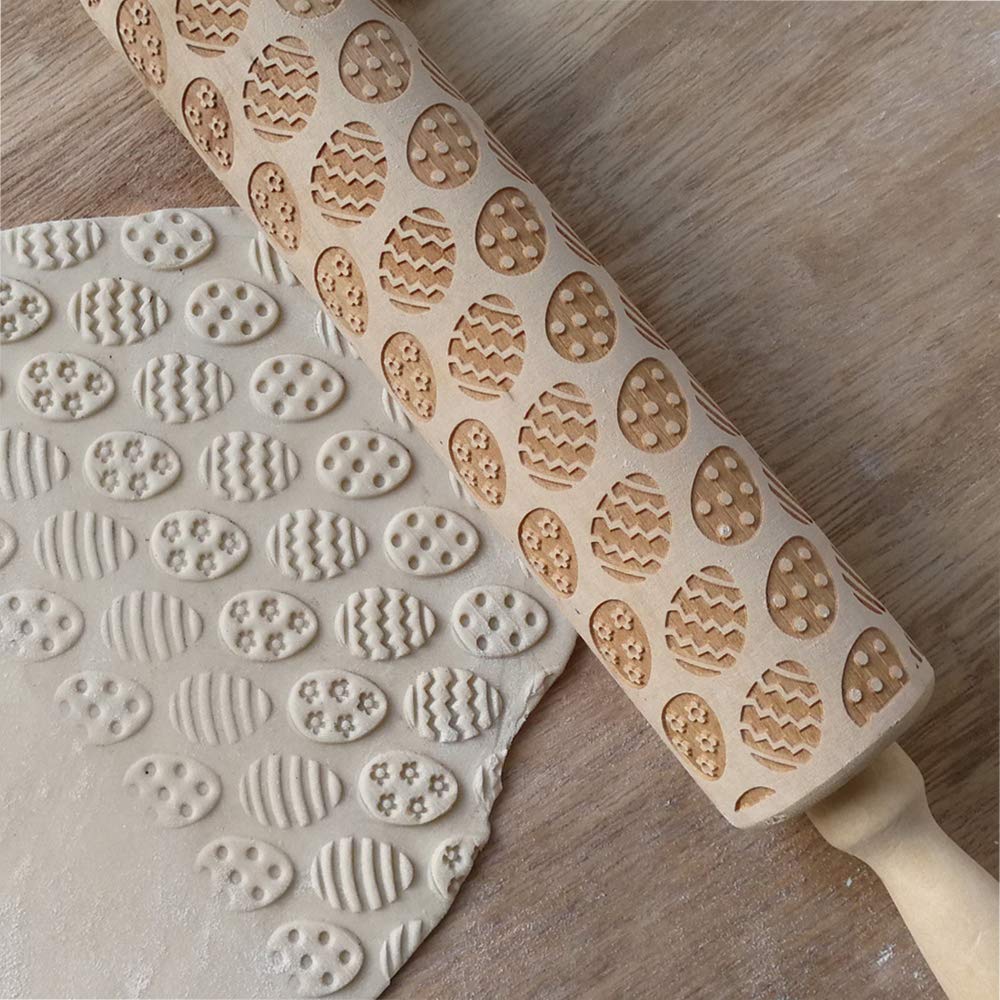 Easter Wooden Rolling Pin 14 Inch - Engraved Embossing Cookie Dough Roller for Biscuits, Pastry, and Baking - Chick and Flower Design - Perfect for Easter Cookies, Holiday Baking, and DIY Kitchen Crafts