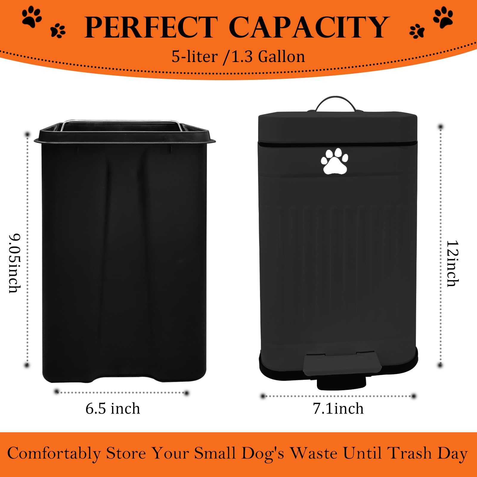5L/1.3Gal Metal Dog Waste Trash Can with Lid & Foot Pedal - Outdoor Pet Poop Station Includes 40 Waste Bags - Soft Close Small Garbage Bin for Backyard, Patio & Dog Park (Black)