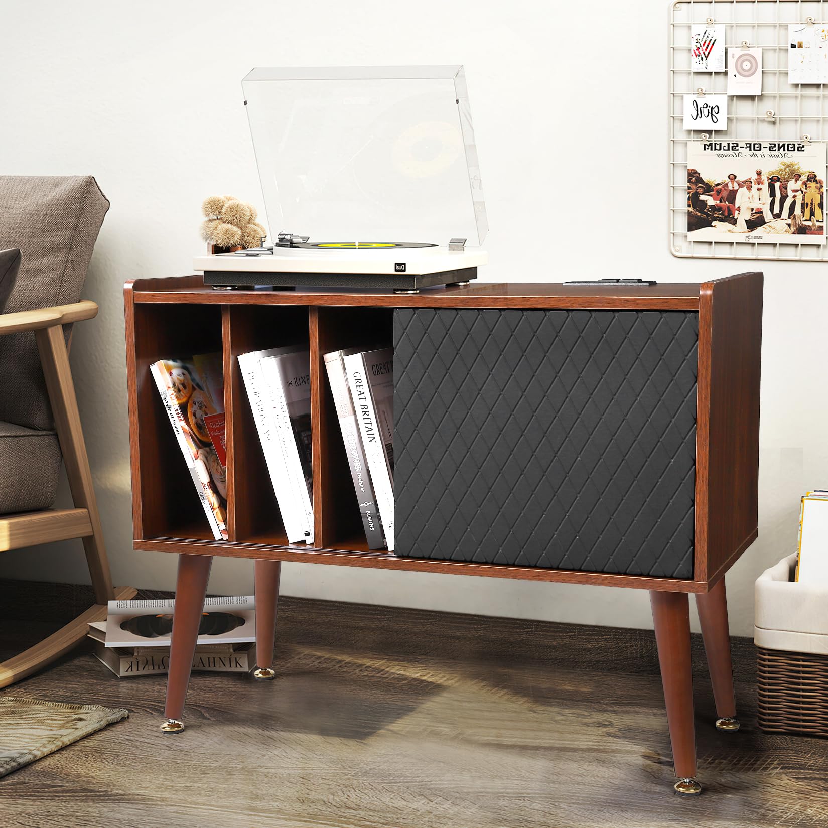 Garvee Wooden Record Player Stand with Charging Station & USB Ports - Large Vinyl Storage Cabinet Holds 300+ Albums - Turntable Stand with Side Table for Living Room, Bedroom & Home Decor