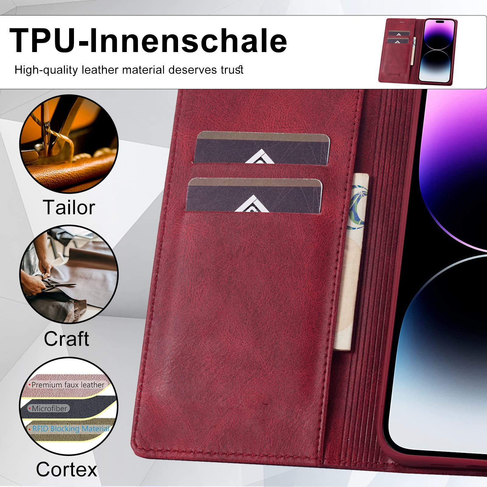 Premium Leather JabrOn Wallet Case for iPhone 14/14 Plus/14 Pro/14 Pro Max - Magnetic Flip Cover with Card Holder, Kickstand & TPU Protection (Red) - Perfect for Business, Travel & Everyday Use