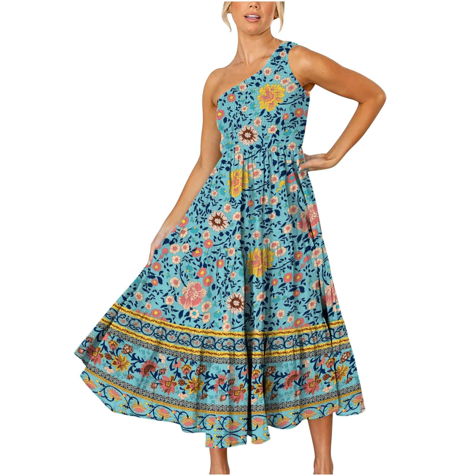 One Shoulder Dress for Women - Summer Boho Vintage Western Print Midi Beach Dress | Perfect for Vacations, Music Festivals & Casual Outings