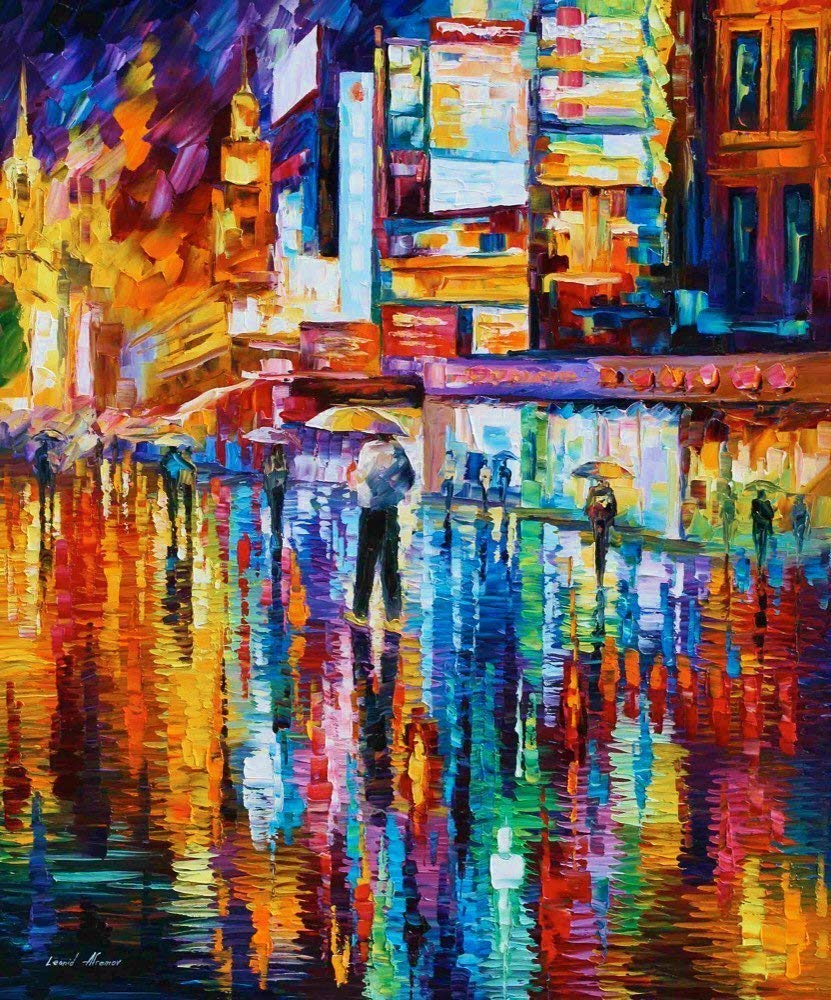 Leonid Afremov Night City Rain Oil Painting on Canvas Wall Art - Vibrant Urban Nightscape Home Decor for Living Room, Bedroom & Office