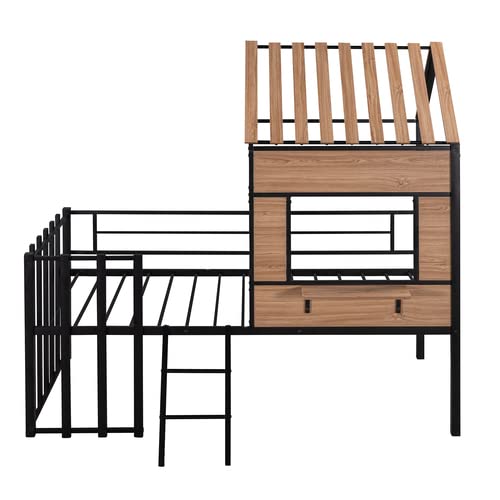 Twin Size Metal Loft Bed with Roof, Window & Guardrail - Playhouse Design with Ladder & Fence-Shaped Rail - Perfect for Kids' Bedroom, Dorm Room or Play Area - Black
