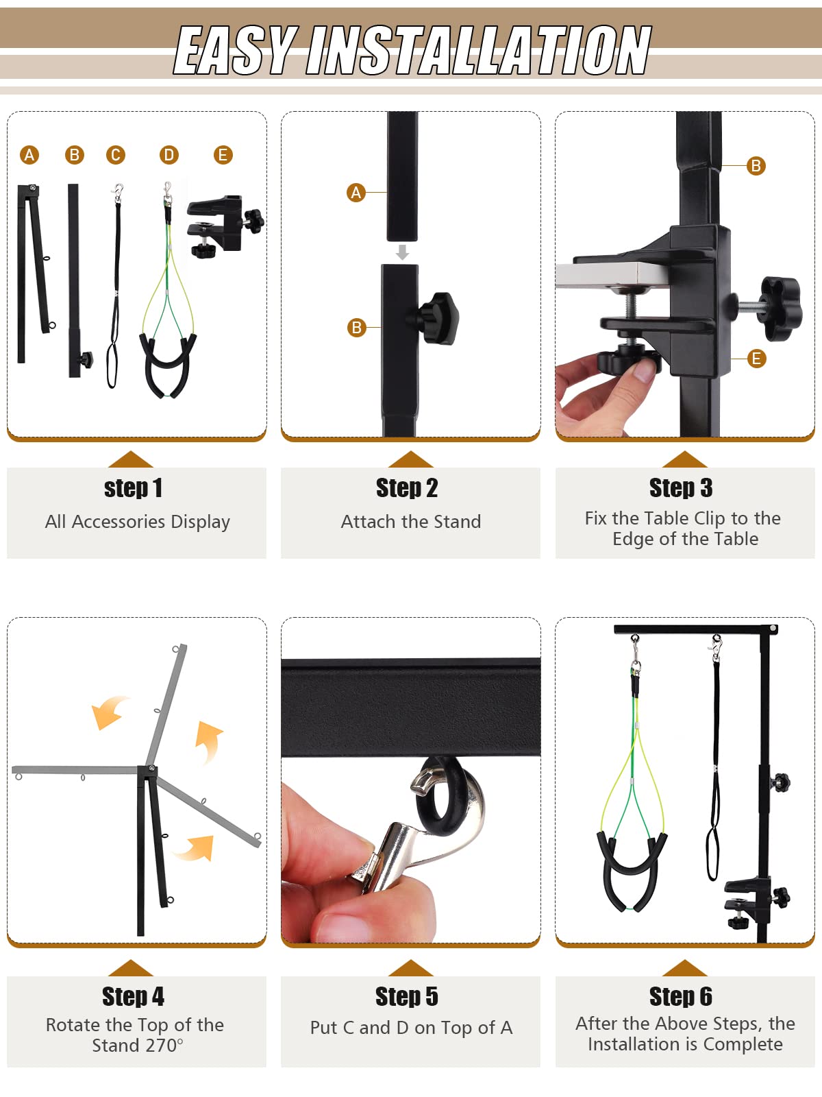 Foldable Pet Dog Grooming Arm with Clamp - Adjustable Grooming Loop Noose & No-Sit Haunch Holder for Professional Dog Grooming - Perfect for Grooming Salons, Pet Shops & Home Use (Single Arm)