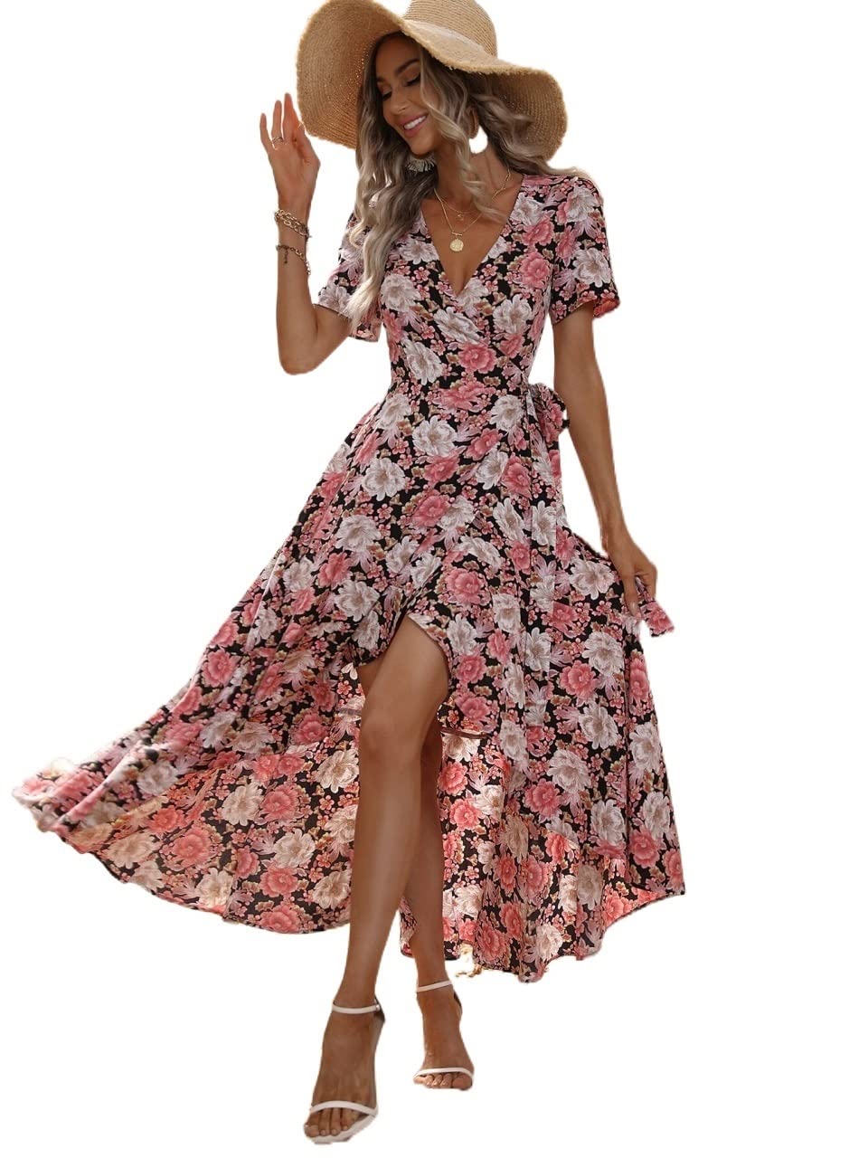 Floral Wrap Dress with Knot Side - Perfect for Summer & Beach