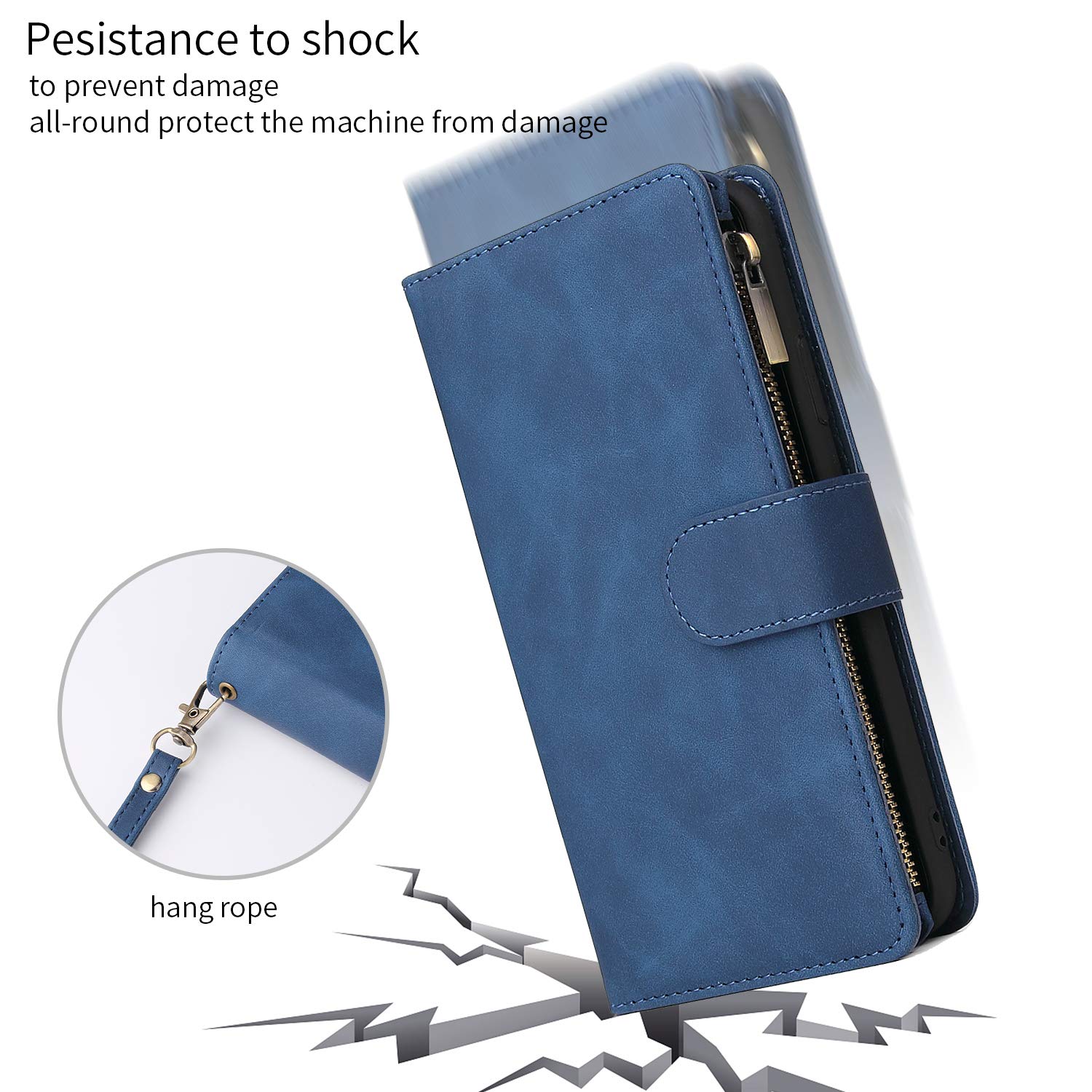 UEEBAI PU Leather Wallet Case for iPhone 12/iPhone 12 Pro - Magnetic Closure, Zipper Pocket, Kickstand & Card Slots with Hand Strap | Stylish Flip Phone Case for Women (Blue) - Perfect for Daily Use, Travel & Shopping