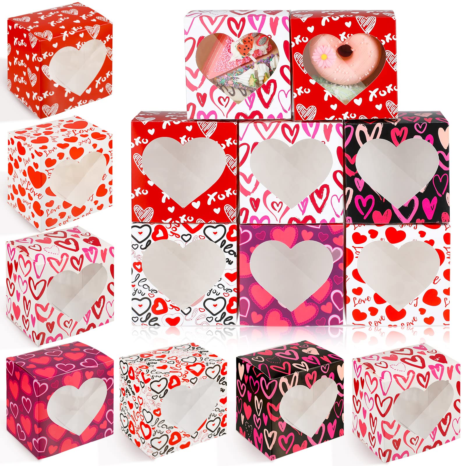 24-Pack Heart Shaped Dessert Boxes 4x4x3 Inch with Clear PVC Window - Valentine's Day Cupcake Packaging for Parties, Weddings & Gift Giving