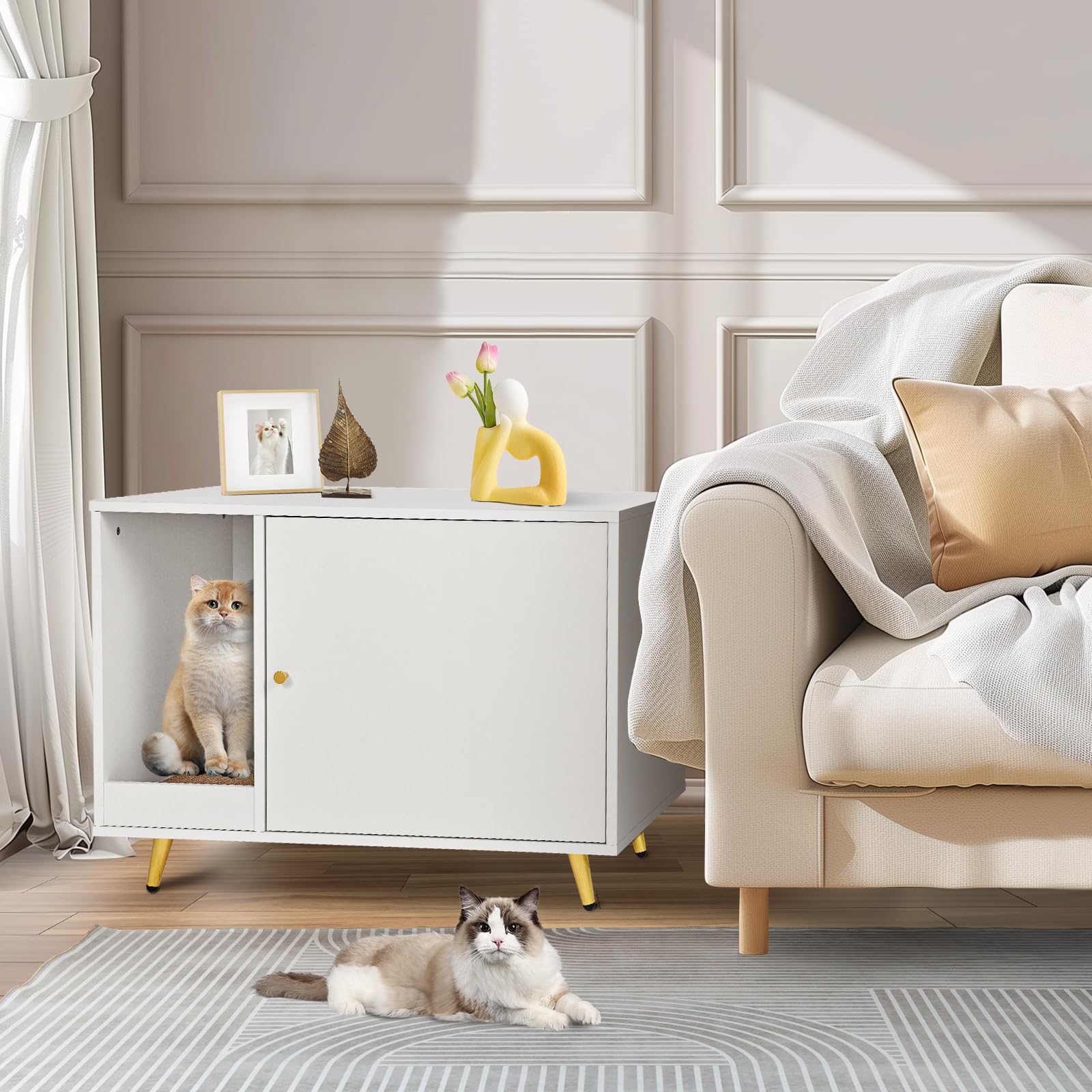 **Hidden Cat Litter Box Enclosure - Wooden Cat Washroom Cabinet with Scratcher, Kitten House & Side End Table - Pet Crate Furniture for Most Cats & Litter Boxes (White) | Perfect for Living Rooms, Bedrooms & Small Spaces**