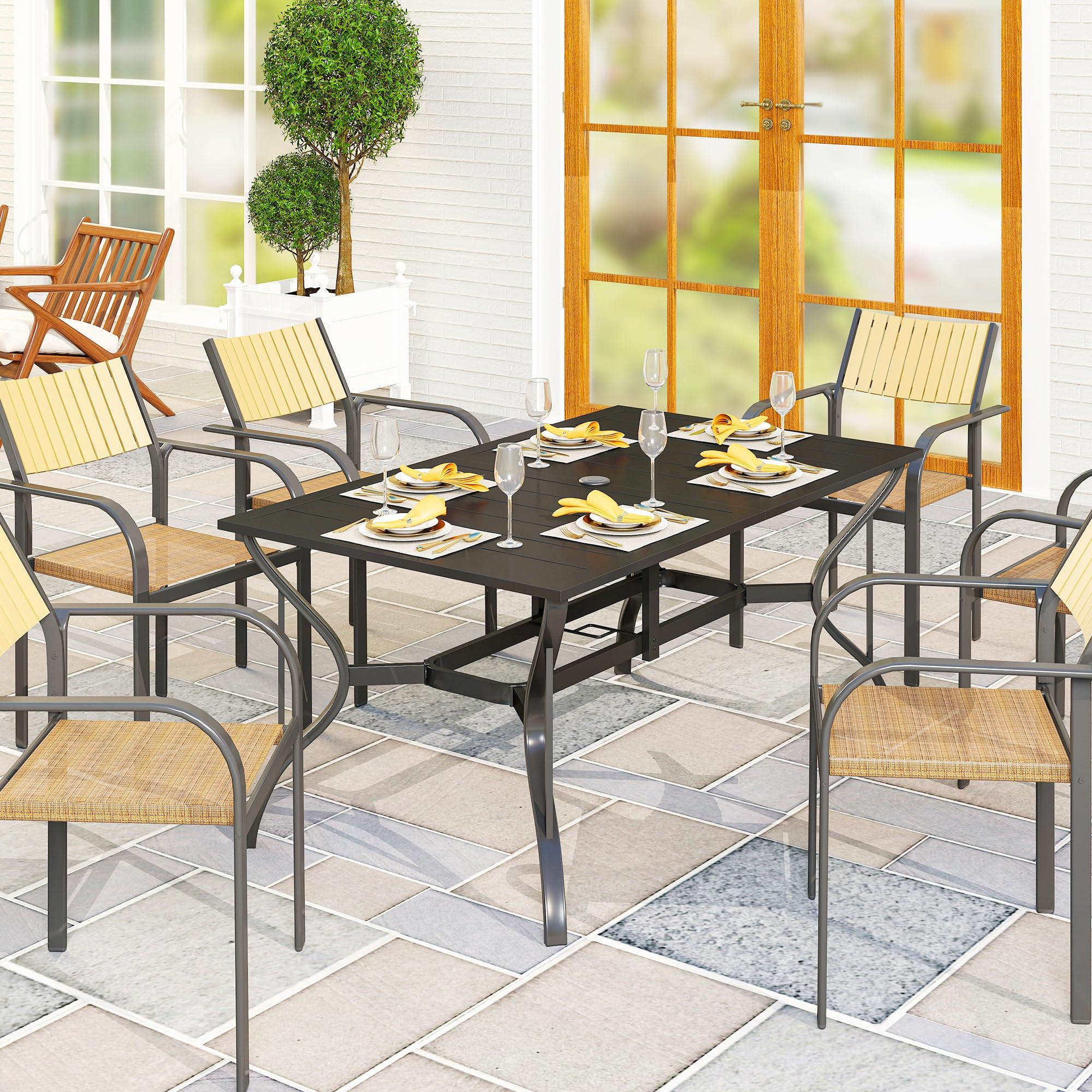 Outsunny 6-Person Outdoor Dining Table - Black Steel Rectangular Patio Table with Umbrella Hole - Durable Garden & Balcony Furniture for BBQ, Poolside Gatherings & Backyard Entertaining