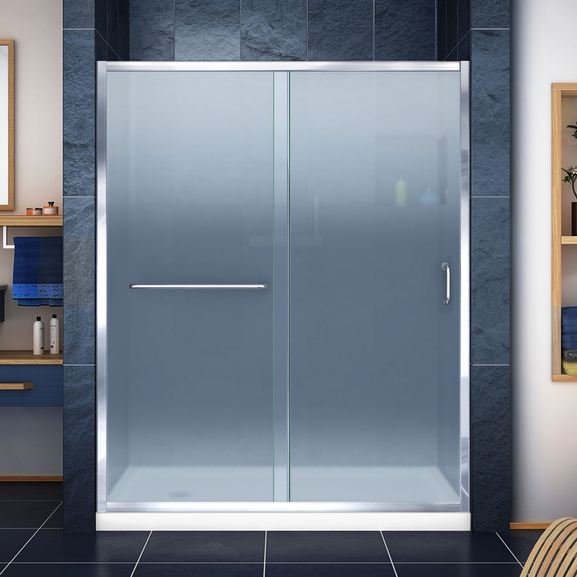 DreamLine Infinity Z 36x60x74.75 Inch Frosted Glass Sliding Shower Door - Brushed Nickel Frame with White Base & Center Drain - Perfect for Modern Bathroom Renovations & Spa-Like Showers