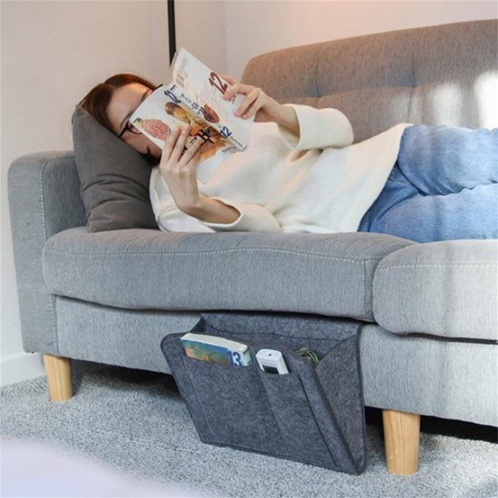 Multi-Pocket Hanging Storage Organizer - Felt Bedside Caddy for TV Remote, Phone & Tablet Holder - Gray Closet & Bed Organization Solution - Perfect for Bedroom, Nursery, Dorm Room Storage Needs