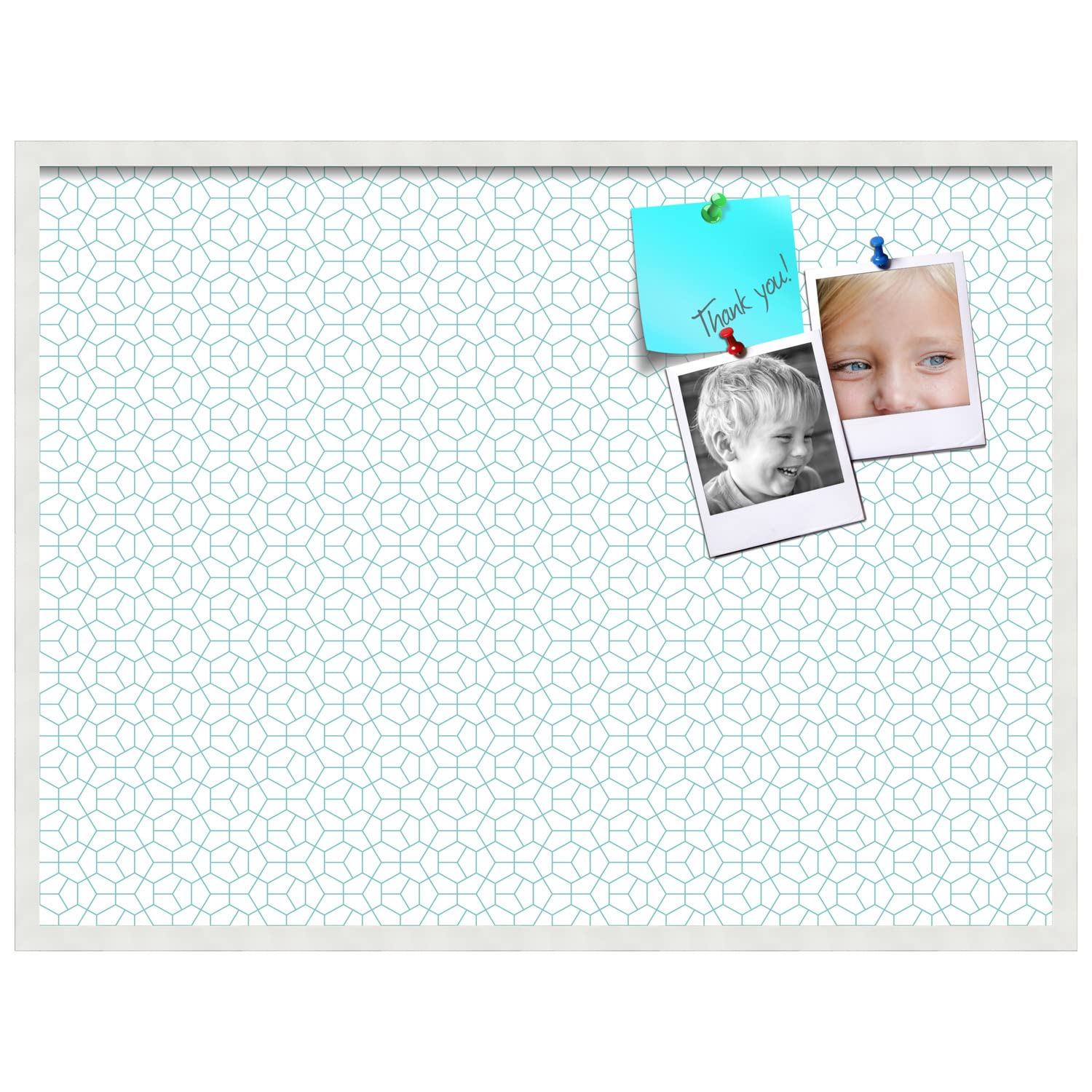 PinPix 40x30 Inch Cork Bulletin Board with Modern Hex Aqua Design & Satin White Frame - Decorative Wall Pin Board for Home Office School Classroom Decor - Perfect for Notes, Photos, Reminders & Vision Boards