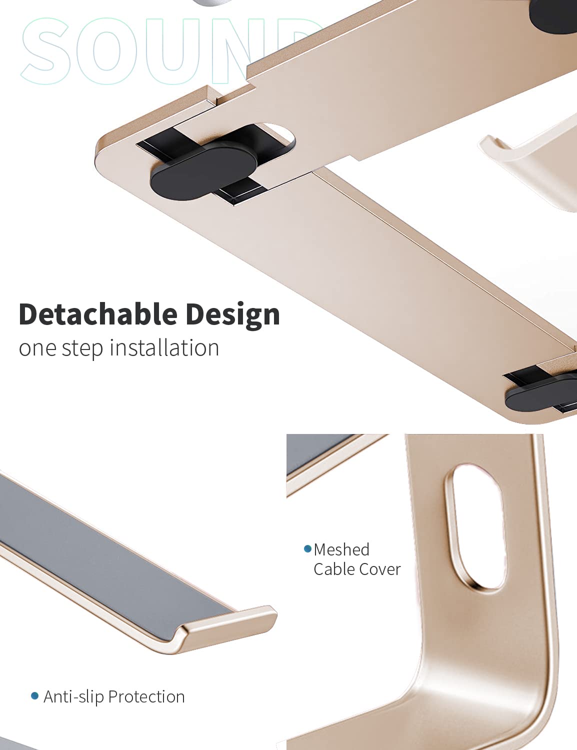 SOUNDANCE Aluminum Laptop Stand for 10-15.6 Inch Notebooks - Ergonomic Computer Riser & Desk Organizer - Gold Metal Holder for MacBook, Dell, HP (Home Office & Workspace Setup)
