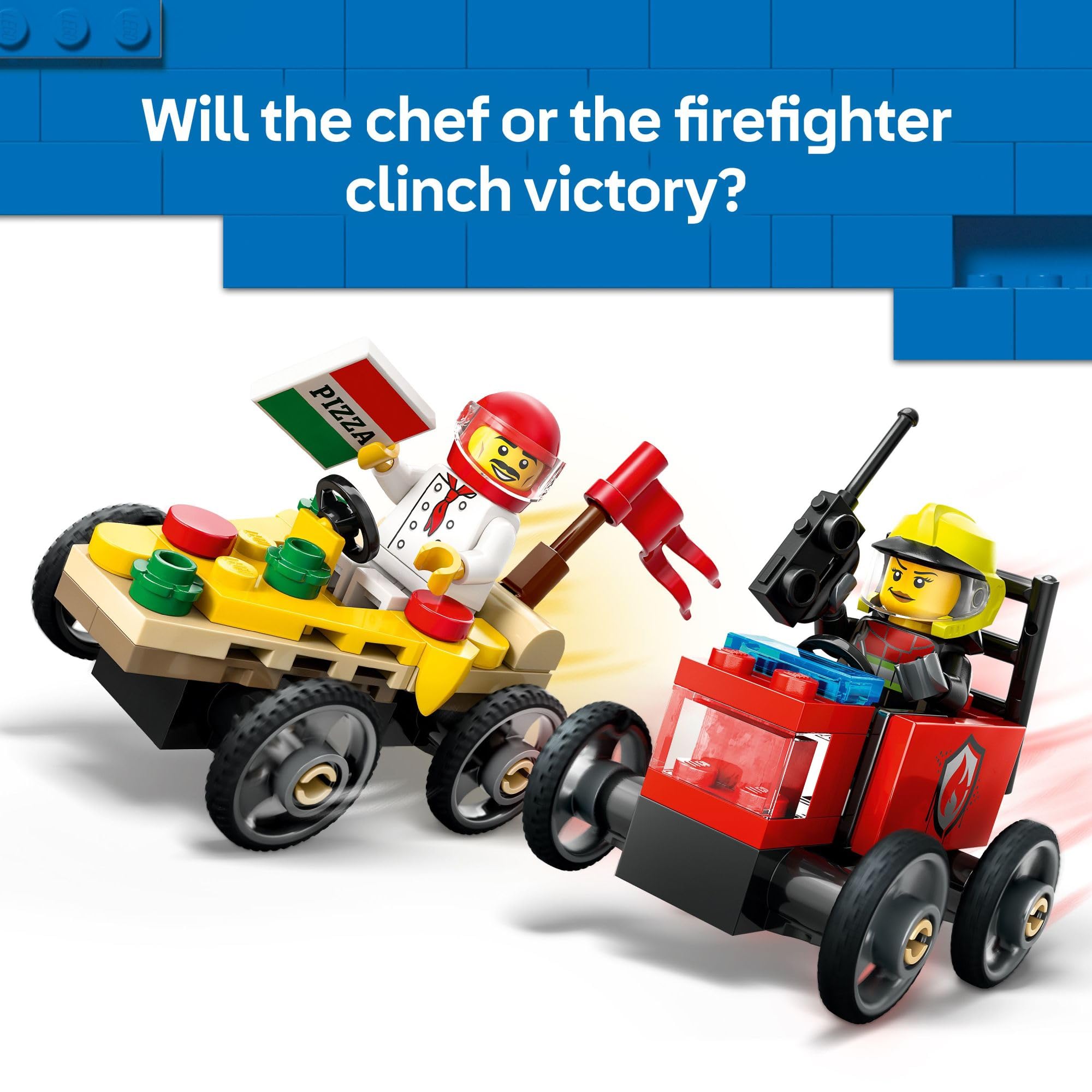 LEGO City Pizza vs. Fire Truck Race Car Building Set (60458) - Fun Construction Toy for Kids Ages 5+ with Chef & Firefighter Minifigures - Perfect Birthday & Holiday Gift for Boys & Girls - Great for Creative Play & Role-Playing Scenarios