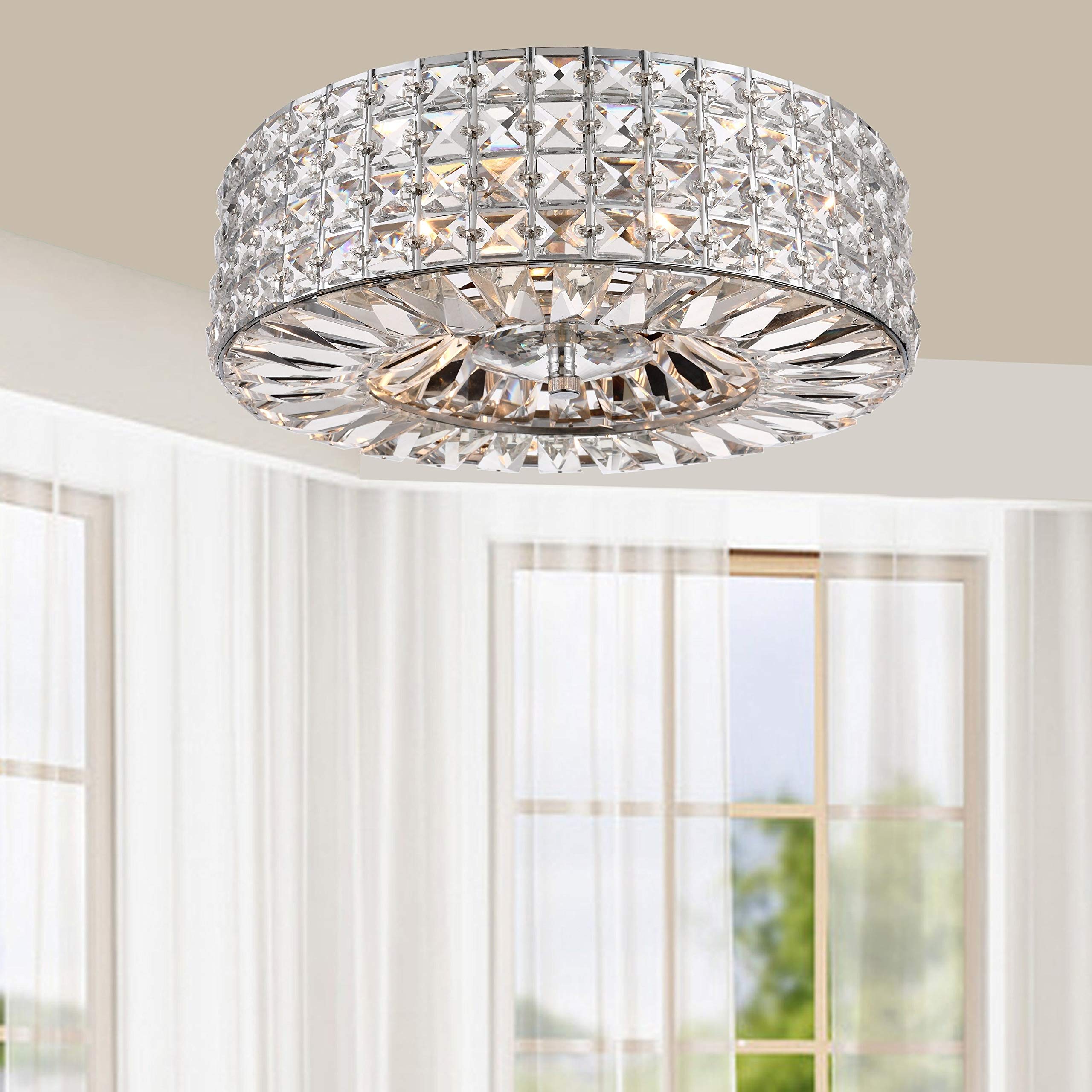 Modern Chrome Finish 3-Light Crystal & Prism Round Flush Mount Ceiling Light - Clear Contemporary Iron Fixture for Dining Room, Bedroom or Hallway Lighting