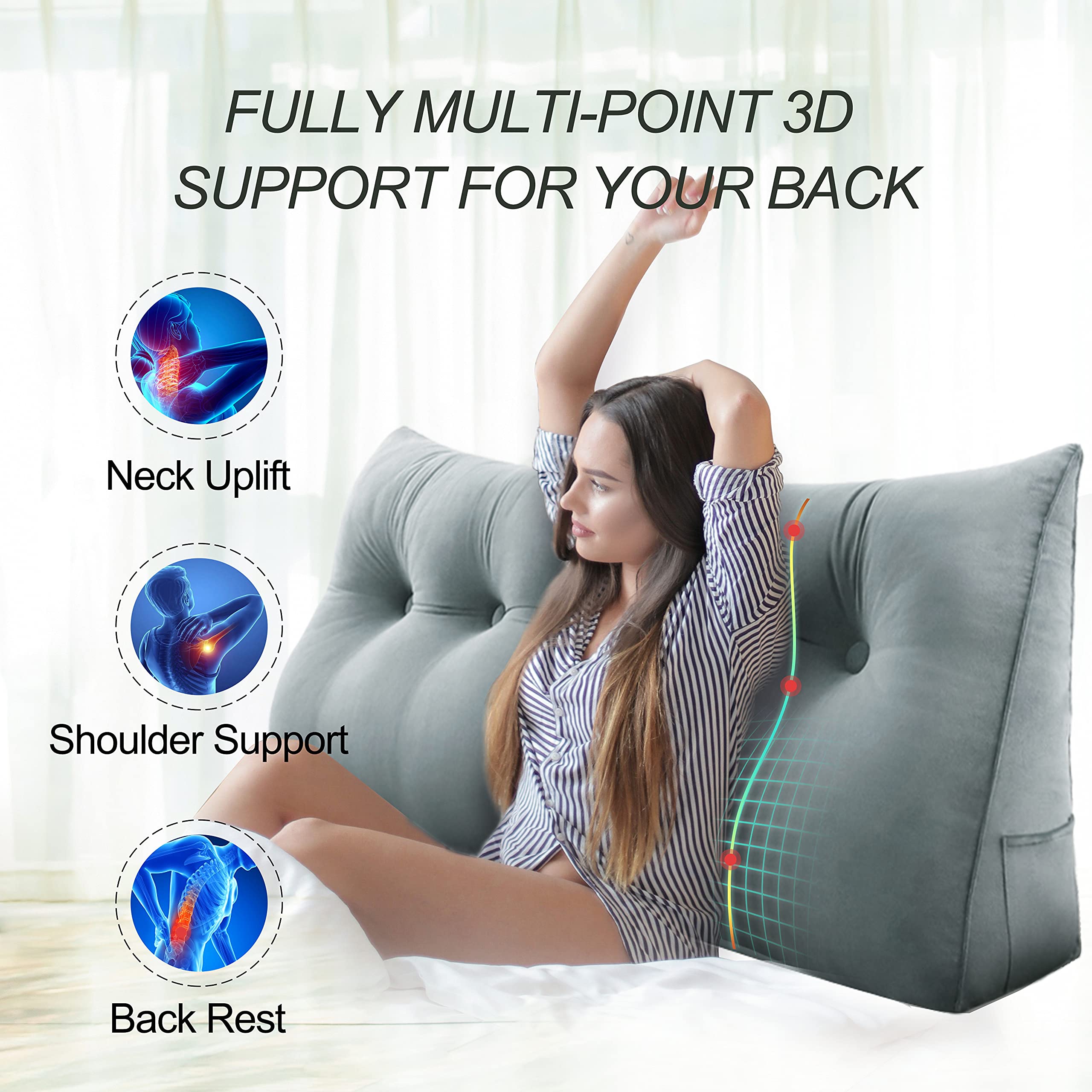 Ergonomic Headboard Reading Pillow with Back Support - Large Adult Backrest Wedge Cushion for Sitting Up in Bed - Velvet Bedrest Pillow for Comfortable Reading, Watching TV, or Relaxing - Light Gray King Size by Roner