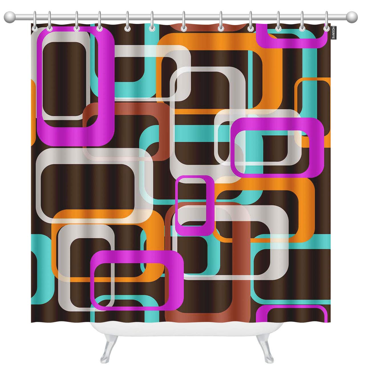 Vintage 70's Retro Shower Curtain Set - 72x78 Inch Waterproof Bathroom Curtain with 12 Hooks (Purple, Orange, White, Brown) | Classic Rectangle Design for Boho, Hippie & Modern Bathroom Decor