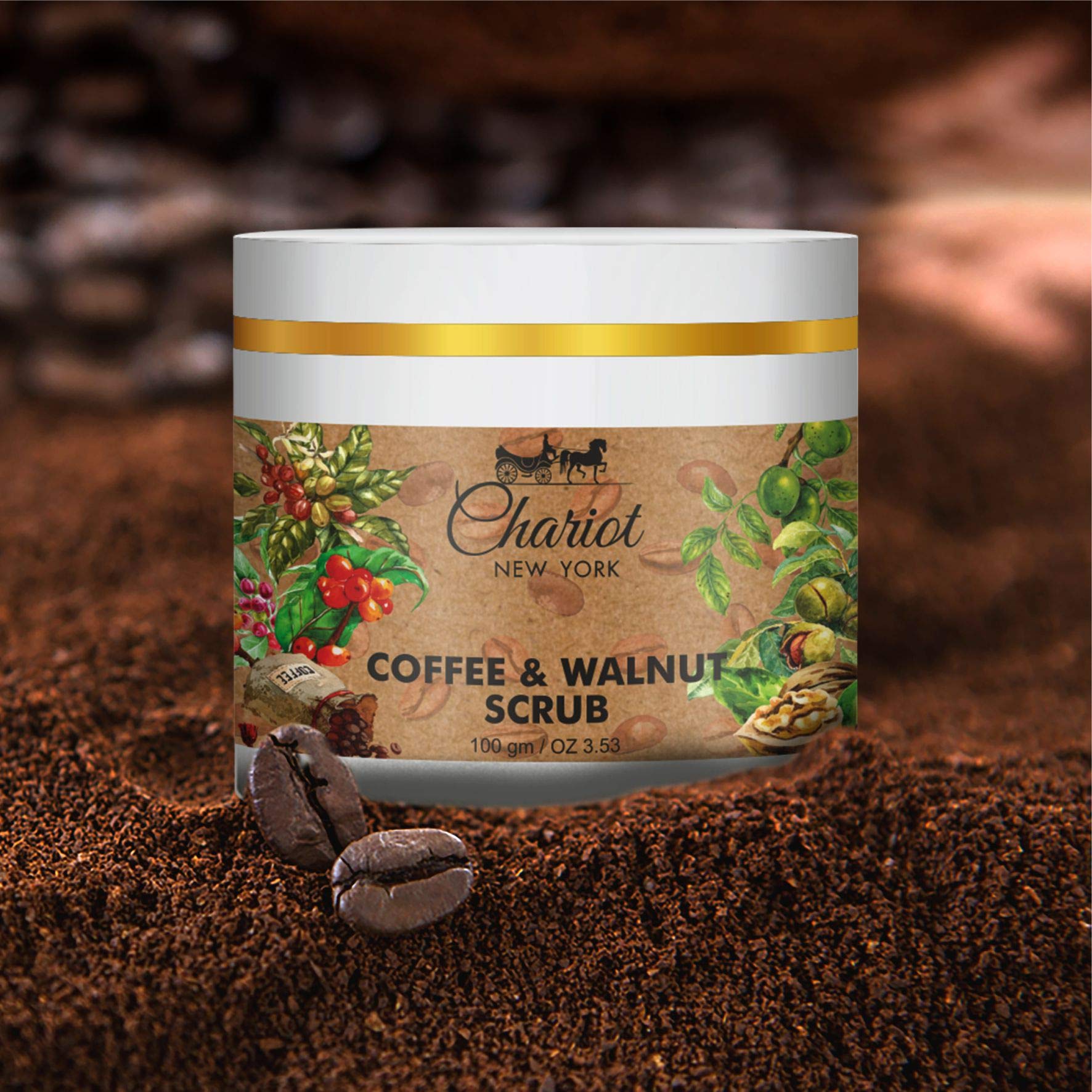 Chariot New York Coffee & Walnut Exfoliating Scrub 100g - Natural Face & Body Scrub for Smooth Skin - Perfect for Spa Day & At-Home Skincare Routine