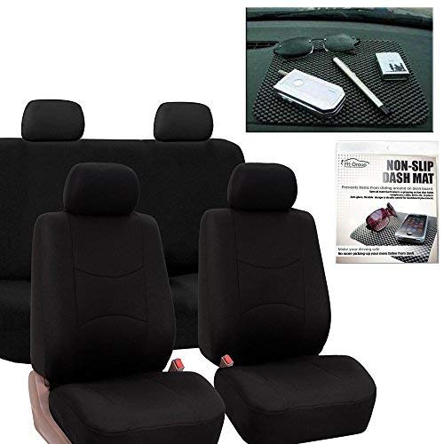 FH Group Full Set Flat Cloth Car Seat Covers - Universal Fit for Cars, Trucks & SUVs | Non-Slip Black Seat Protectors with Dash Grip Pad | Perfect for Road Trips, Daily Commutes & Interior Protection