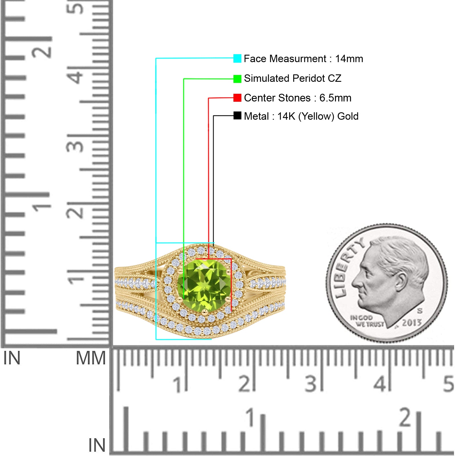 14K Yellow Gold Two Piece Round Halo Split Shank Curved Contour Band Peridot CZ Ring - Elegant Wedding, Anniversary, or Gift Jewelry for Women