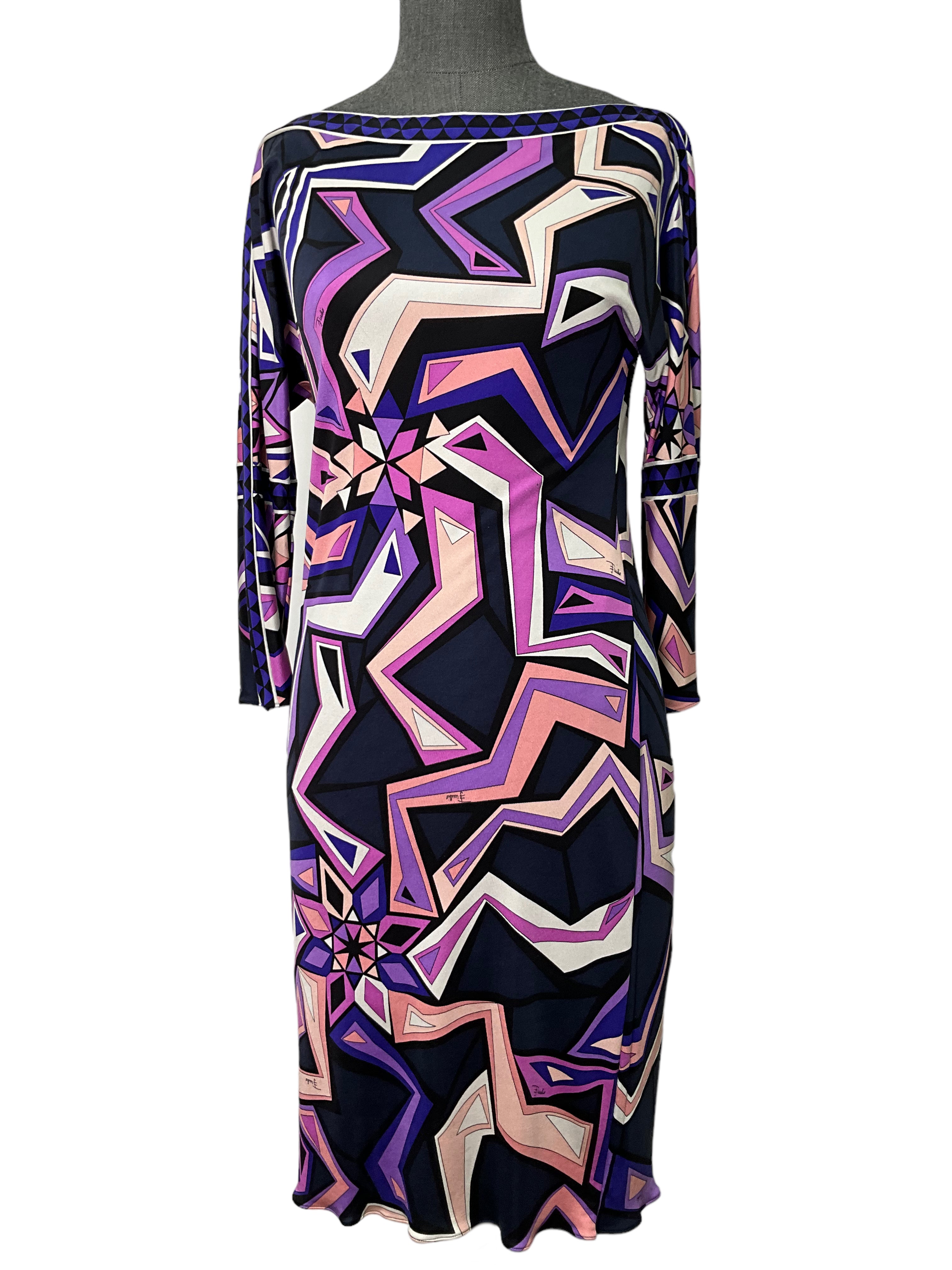 Emilio Pucci Women's 3/4 Sleeve Belted Jersey Dress - Size S, Elegant Floral Print, Stretchy Comfort Fit - Perfect for Cocktail Parties, Date Nights & Special Occasions