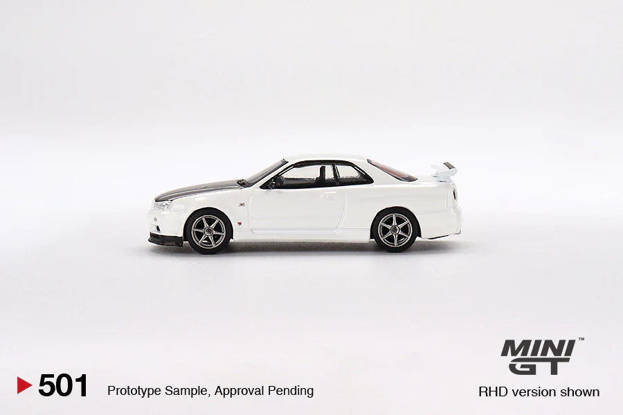 MINIGT 1:64 Scale Diecast Model - Nissan Skyline GT-R R34 V Spec II N1 White - Collectible Car for Display, Racing Games & Gift for Car Enthusiasts