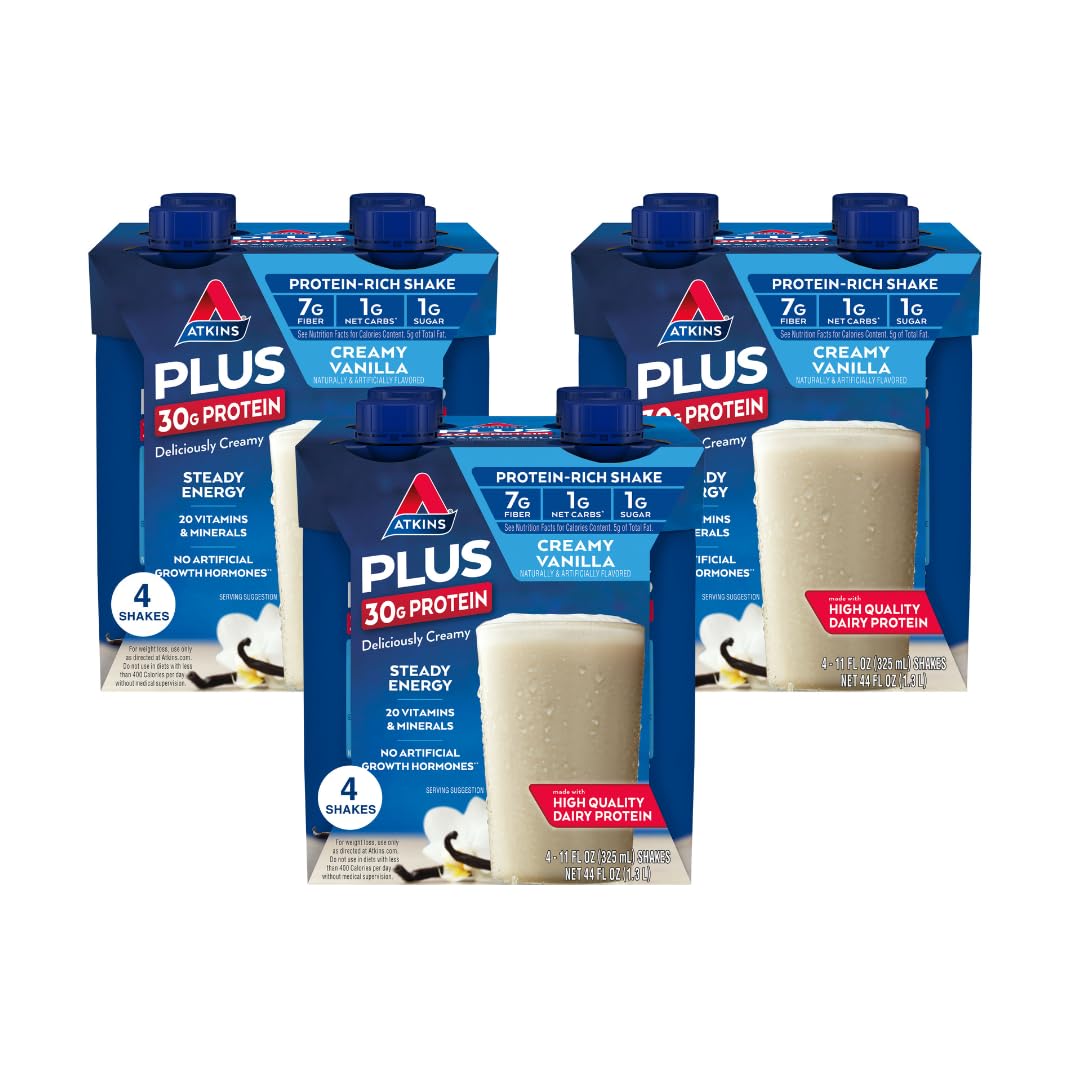 Atkins Creamy Vanilla PLUS Protein Shake - 30g Protein, 7g Fiber, 1g Net Carb | Keto & Low Carb Friendly | High Protein Drink for Weight Loss & Muscle Recovery | 12 Pack (Great for Post-Workout & Meal Replacement)