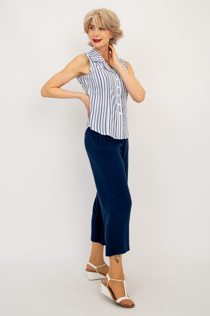 Lexa Tank Top - Indigo Stripe Bamboo Linen Blend Women's Shirt - Perfect for Yoga, Beachwear & Summer Casual Outfits