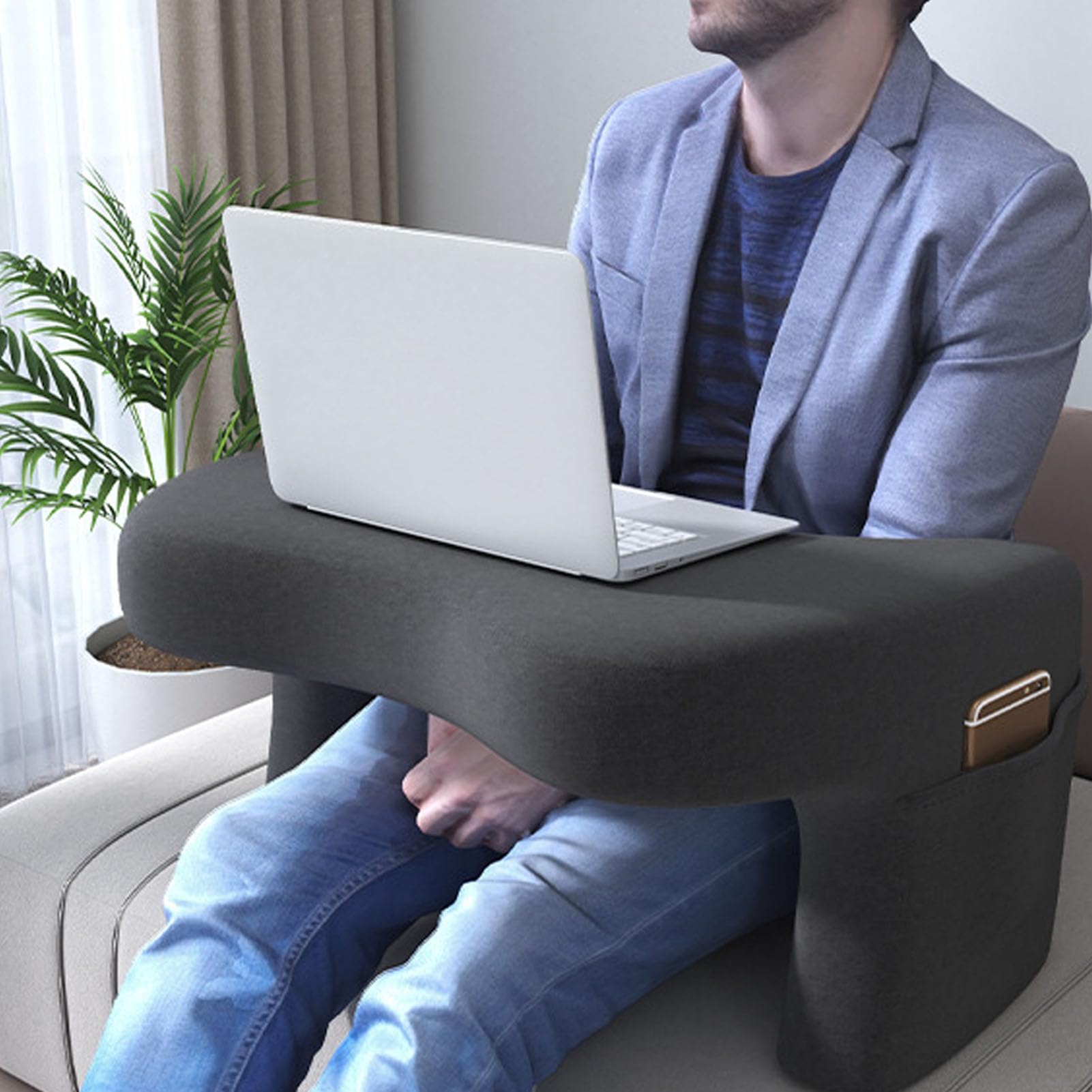 Memory Foam Laptop Lap Desk Pillow with Side Pockets - Portable Workstation for Gaming, Reading & Working - Soft Arm Rest Cushion for Bed, Couch & Floor Use (Home Office, Dorm Room, Travel)