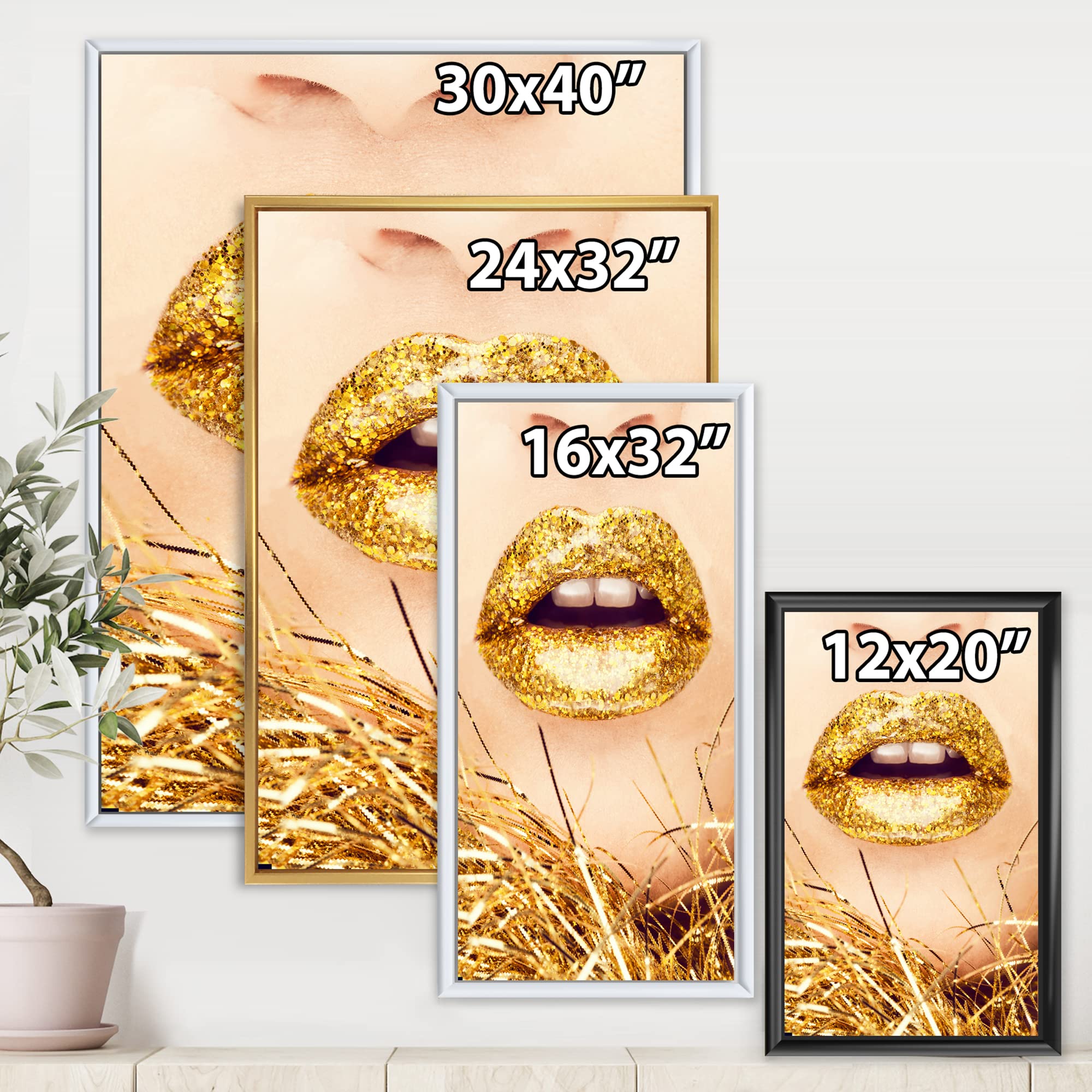 Golden Woman Lips Close-Up - Modern Framed Canvas Wall Art Print for Living Room, Bedroom & Office Decor