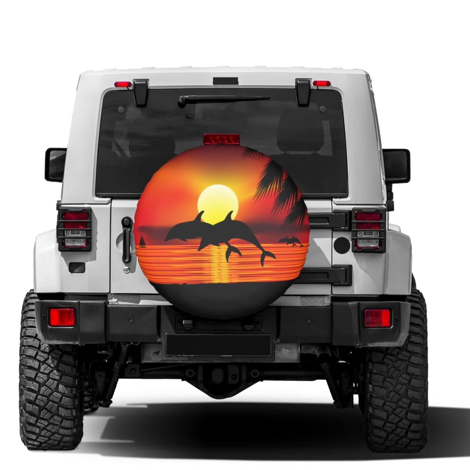Waterproof 14 Inch Spare Tire Cover with Sunset Ocean Dolphins & Palm Leaves Design - Dust-Proof Wheel Protector for Trailers, RVs, SUVs & Most Vehicles | Perfect for Road Trips & Outdoor Adventures