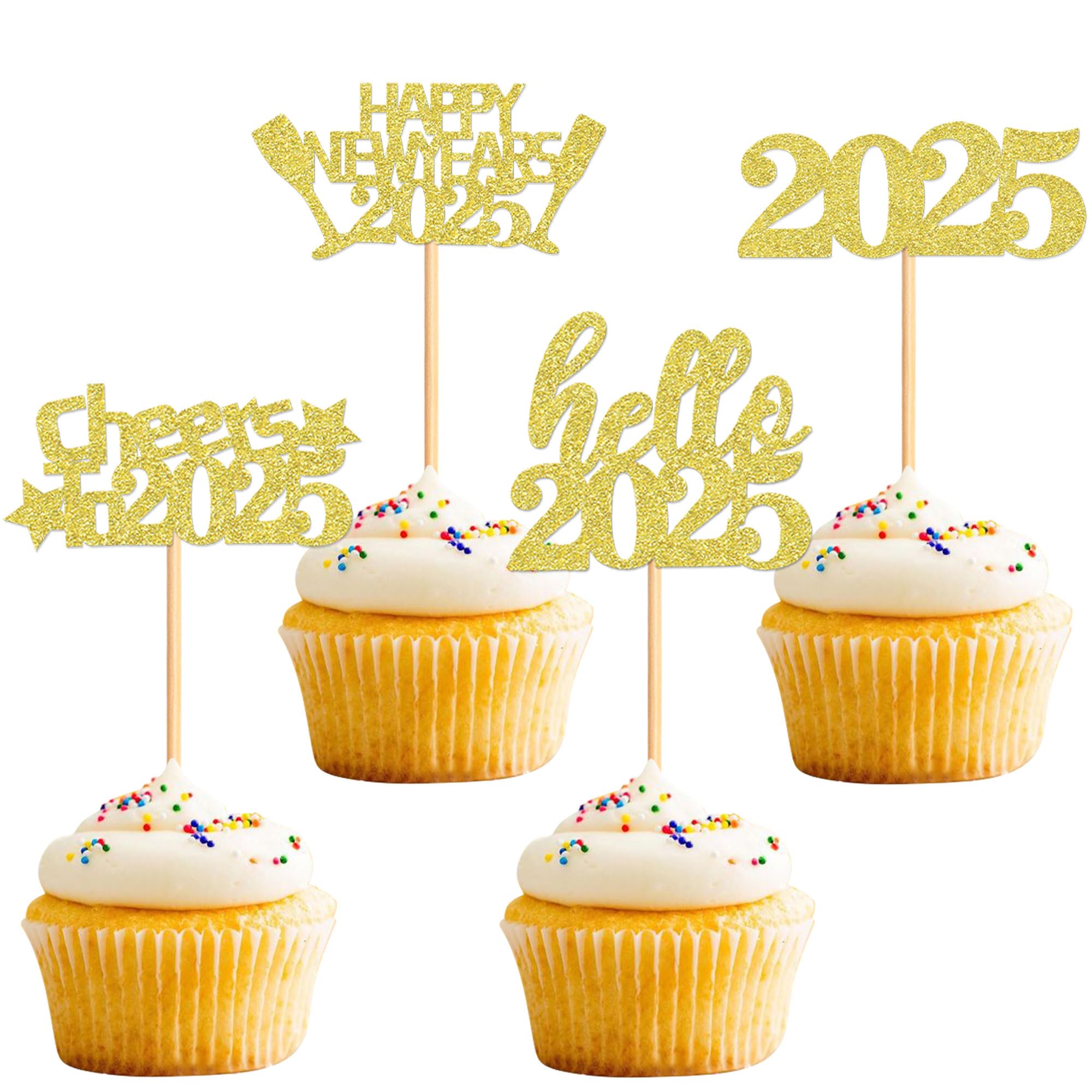 40 Pcs Gold Glitter New Year Cupcake Toppers 2025 - Cheers to 2025 Cake Picks for New Year's Eve Party Decorations - Perfect for Birthday, Wedding & Holiday Celebrations