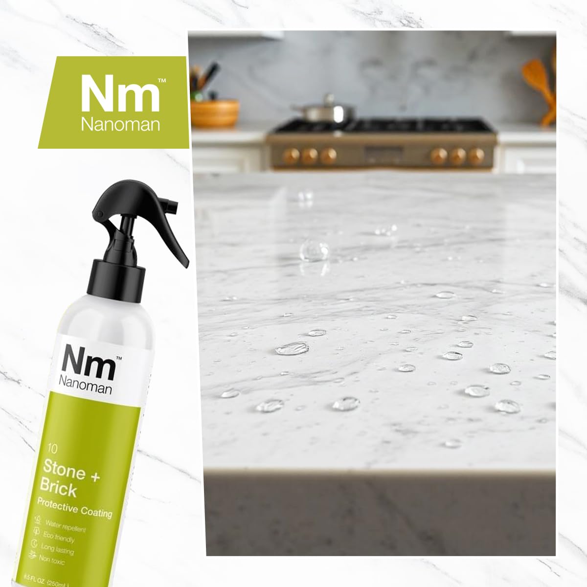 NANOMAN Stone and Brick Sealer 8.4 fl oz – Waterproof Marble, Granite, Quartz, Concrete & Grout Protector | Long-Lasting Sealer & Cleaner Spray for Countertops, Floors & Outdoor Surfaces | Ideal for Kitchens, Bathrooms & Patios