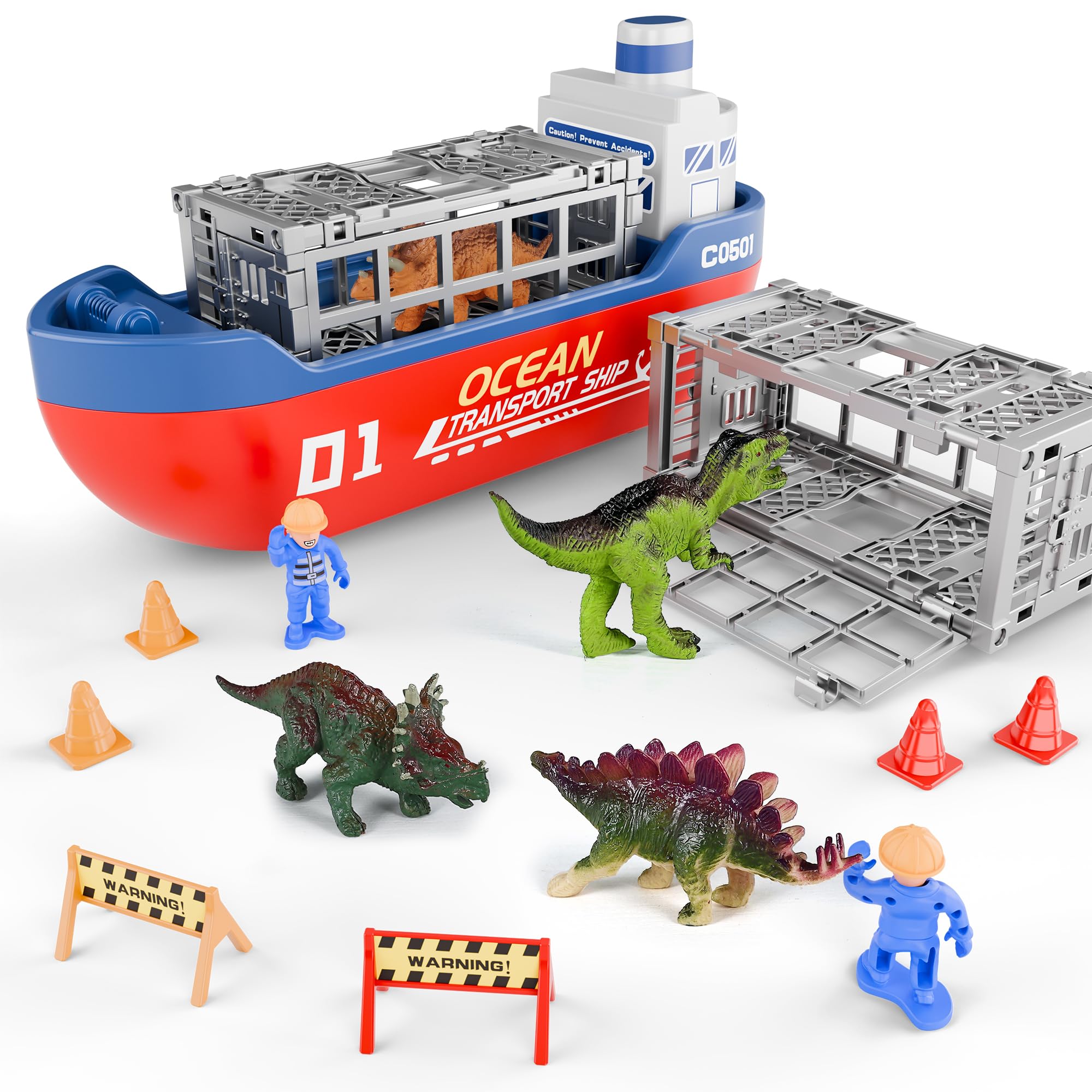 iPlay iLearn Dinosaur Cargo Truck Toys for Kids Ages 3-8 - Toddler Construction Playset with Boat, Trailer, Container Ship & Forklift Vehicles - Fun Educational Birthday Gift for Boys & Girls - Perfect for Pretend Play, Learning Transportation & Developing Fine Motor Skills