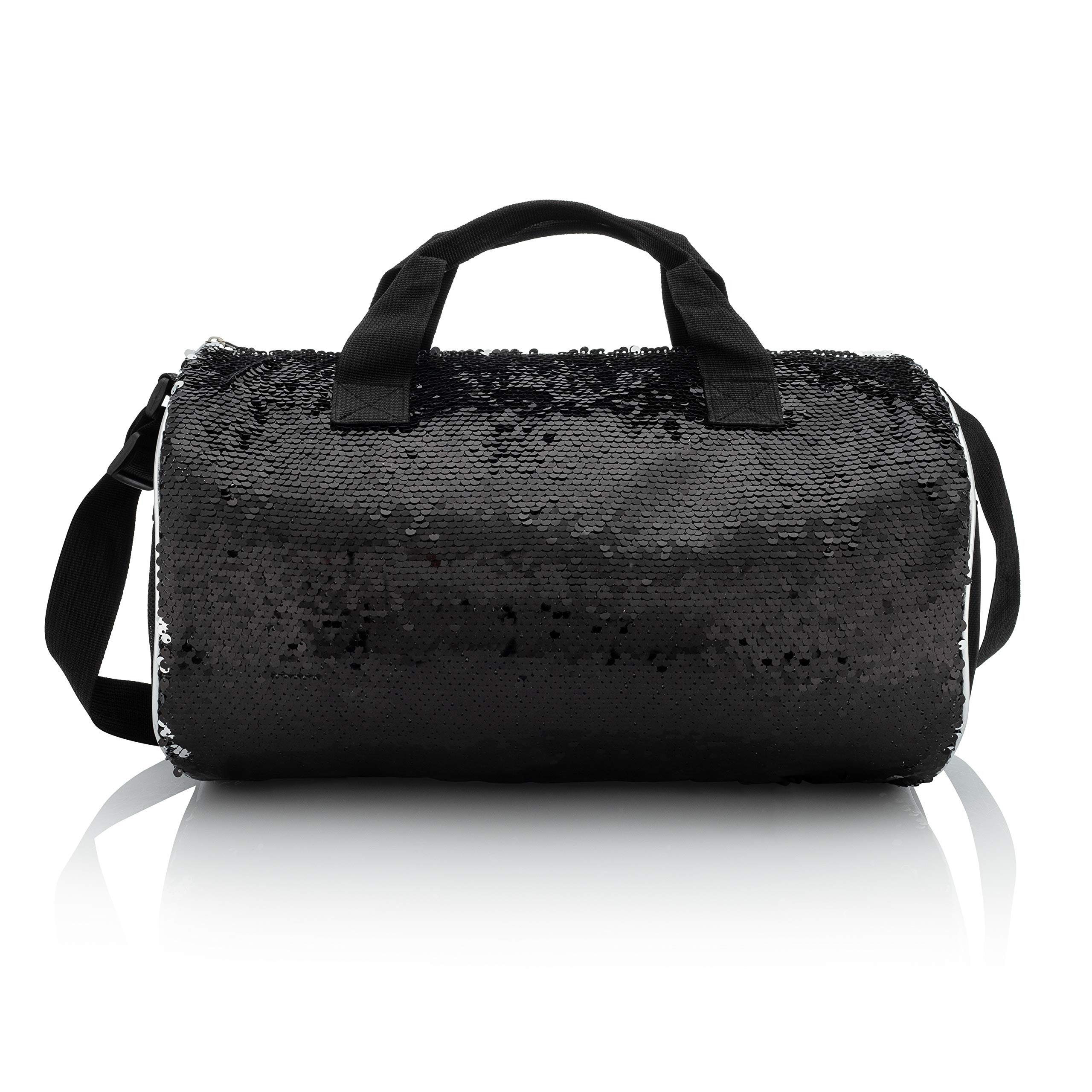 Reversible Sequin Dance Duffle Bag for Girls Kids Teens - Adjustable Carry On Weekender Travel Bag with Handy Pouch (16 Inch, Black Silver) | Perfect for Dance Classes, Sleepovers & Weekend Getaways