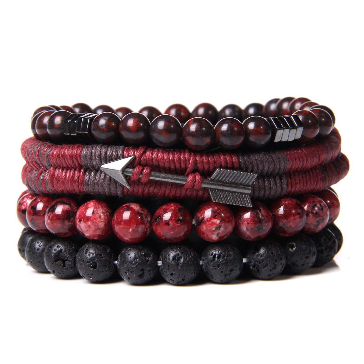 WAINIS Braided Leather Bracelets for Men & Women - Adjustable Wrap Tiger Eye & Lava Rock Beads Bracelet Set - Ethnic Tribal Woven Rope Wristbands for Yoga, Meditation & Boho Fashion Accessories